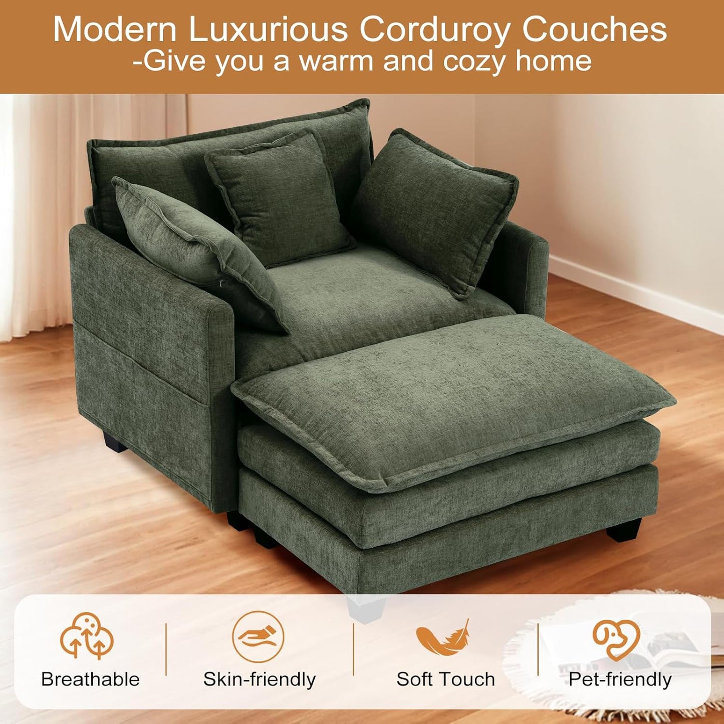 Furniliving Oversized Accent Chair with Ottoman, Luxury Chenille Single Sofa, Upholstered Deep Seat Chaise Lounge with Pillows for Living Room, Bedroom, Apartment, Green