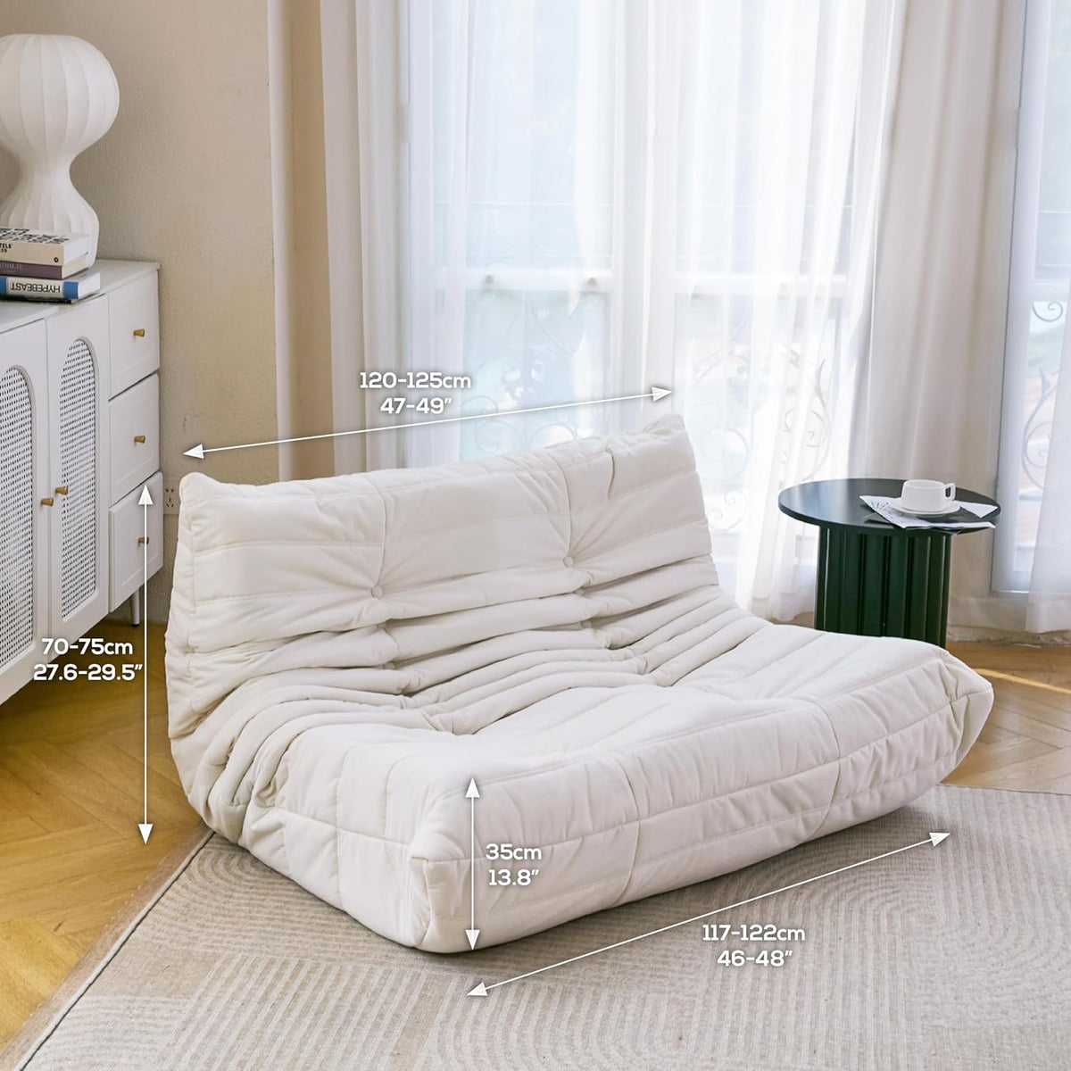 N&V Fireside Chair, Mid Century Armless Floor Sofa, Soft Premium Microfiber Floor Lounge Chair, Foam Sofa Accent Chair for Living Room Bedroom and Office, (Loveseat, Ivory)