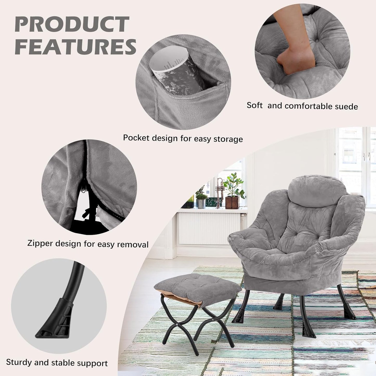 Lazy Chair with Folding Ottoman,Leisure Sofa Chair,Soft Fabric Armchair with Armrests and Side Pockets, Reading Chair with Footrest for Living Room, Bedroom, Office (Plush Light Grey)