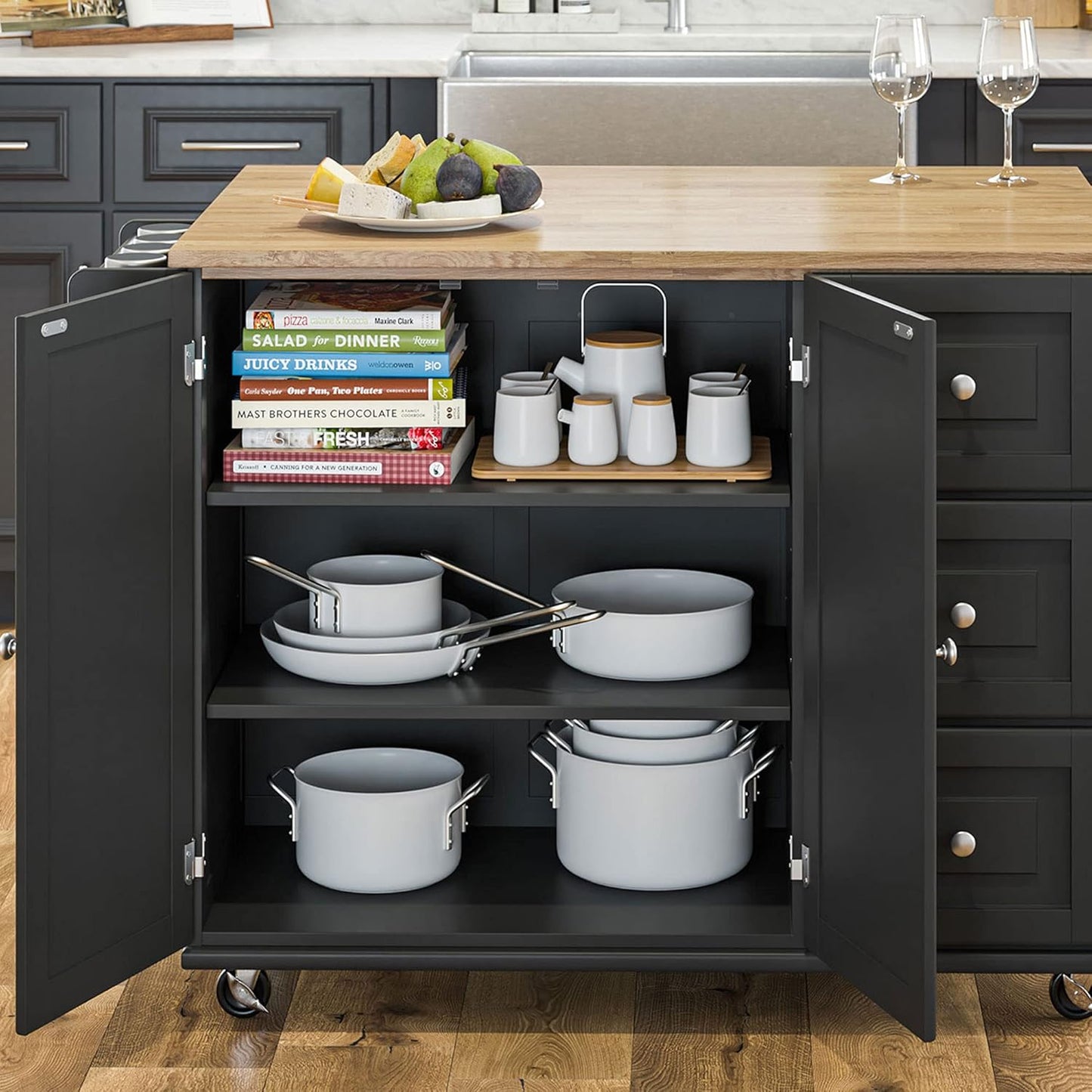 Homestyles Dolly Madison Black Mobile Kitchen Island Cart with Wood Drop Leaf Breakfast Bar