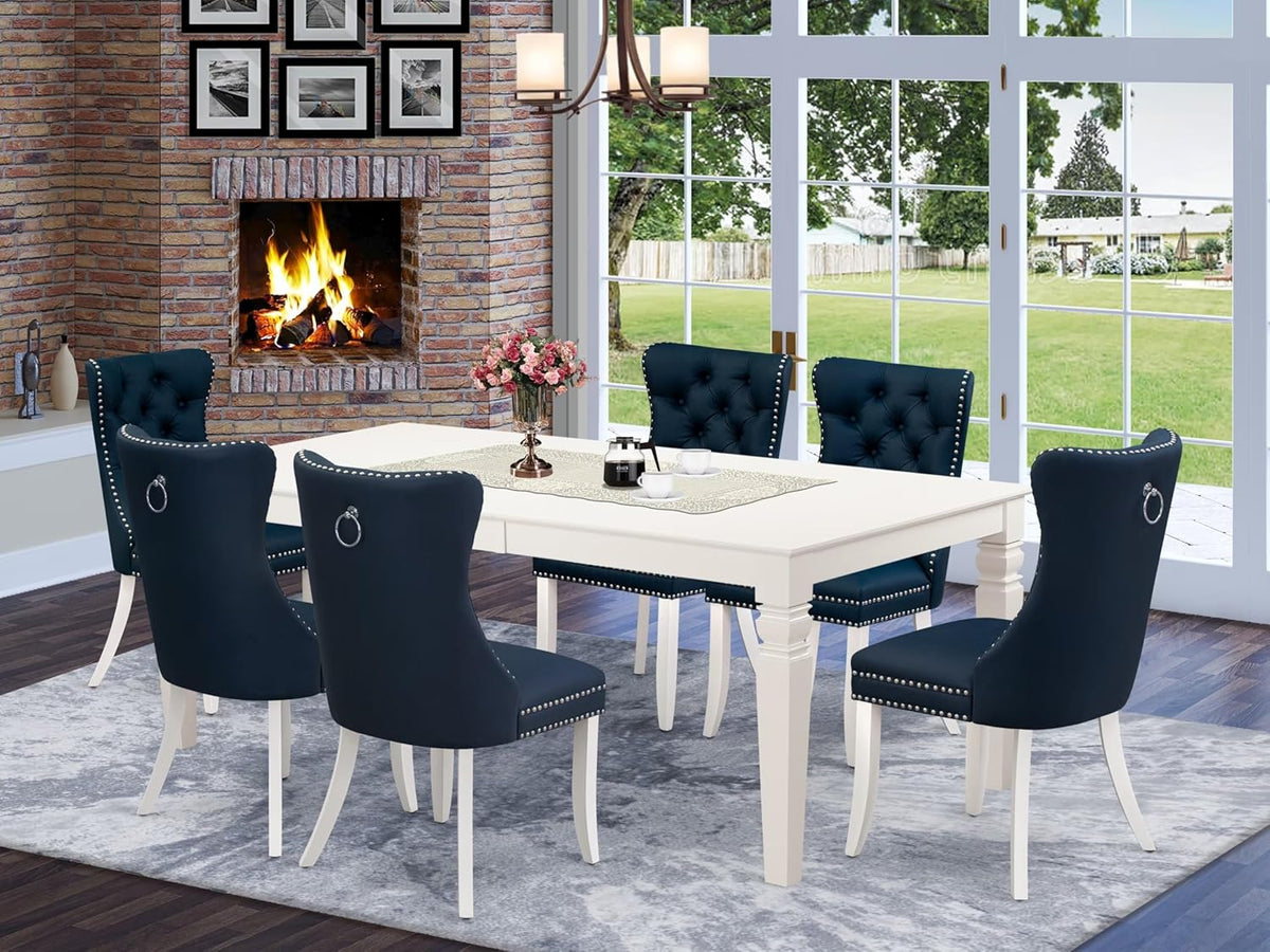 East West Furniture LGDA7-LWH-29 7 Piece Dining Room Set Includes a Rectangle Wooden Table with Butterfly Leaf and 6 Polyester Fabric Padded Chairs, 42x84 Inch, linen white