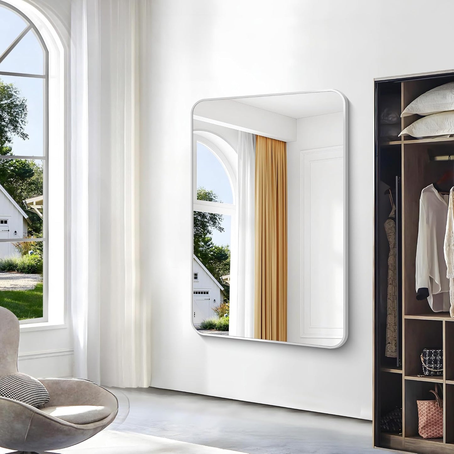 BONEWEI Silver Bathroom Mirror,55x36 inch Wall Mirror for Bathroom Wall Mounted,Rectangle Mirror for Bathroom Over Sink,Modern Frame Round Corner for Living Room,Bedroom Entryway,Horizontal/Vertical