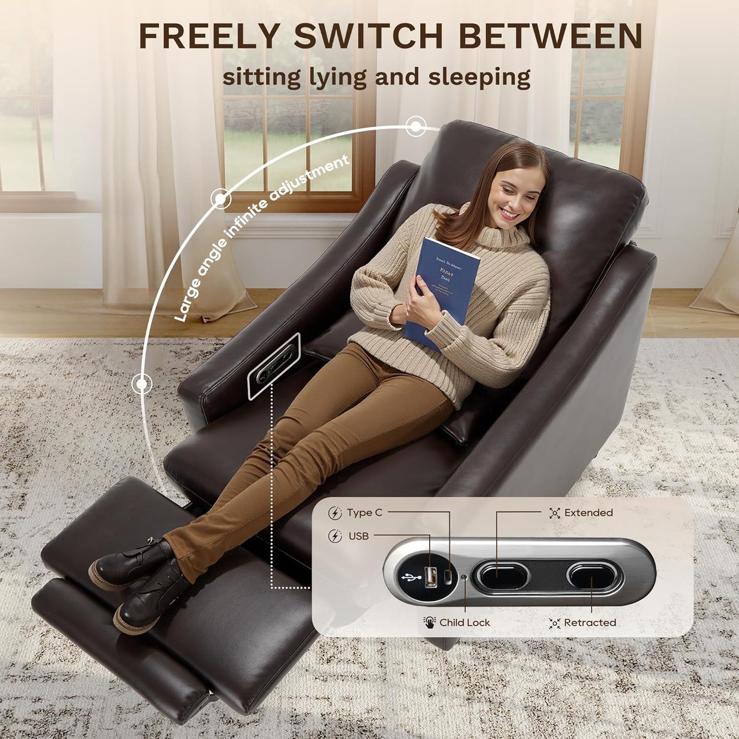 COLAMY Pushback Electric Recliner Chair, Premium Leather Upholstery with Adjustable Angles, Extra Lumbar Pillow, Built-in Charging Port, Business-Casual Style for Living Room（Brown