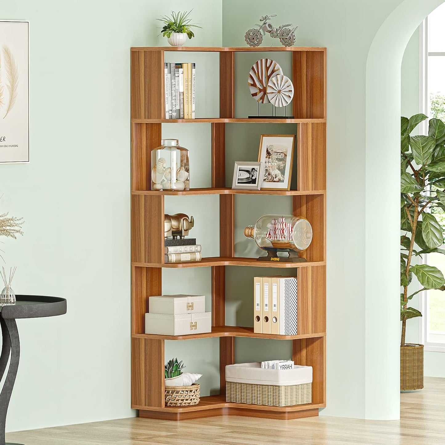 LITTLE TREE 6-Shelf Corner Bookshelf, 65” Tall L Shaped Bookcase, 6-Tier Industrial Corner Shelf Storage Display Rack for Living Room Home Office, Wood Grain Walnut