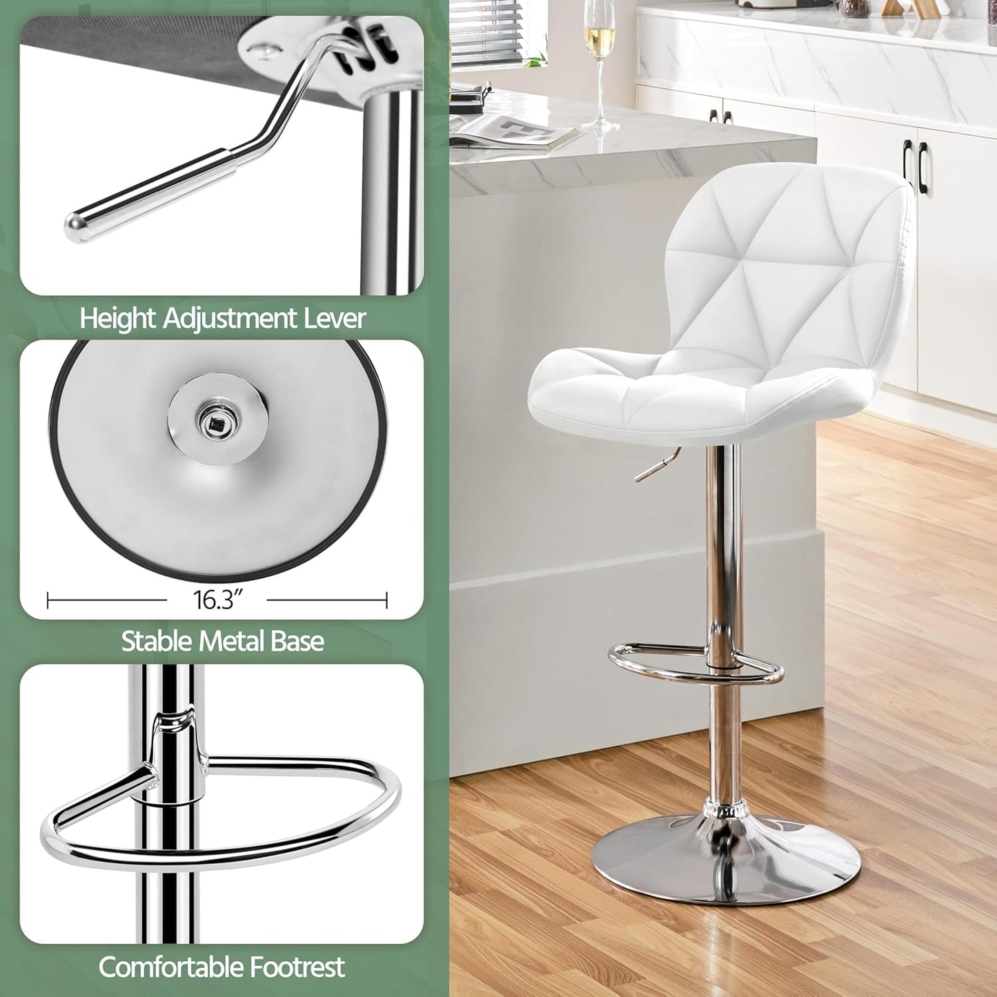 Yaheetech Bar Stools Set of 4, Adjustable PU Leather Swivel Barstools, Modern Counter Stools with Back and Footrest, Counter Height Barstools for Bar, Kitchen, Dining Room, White