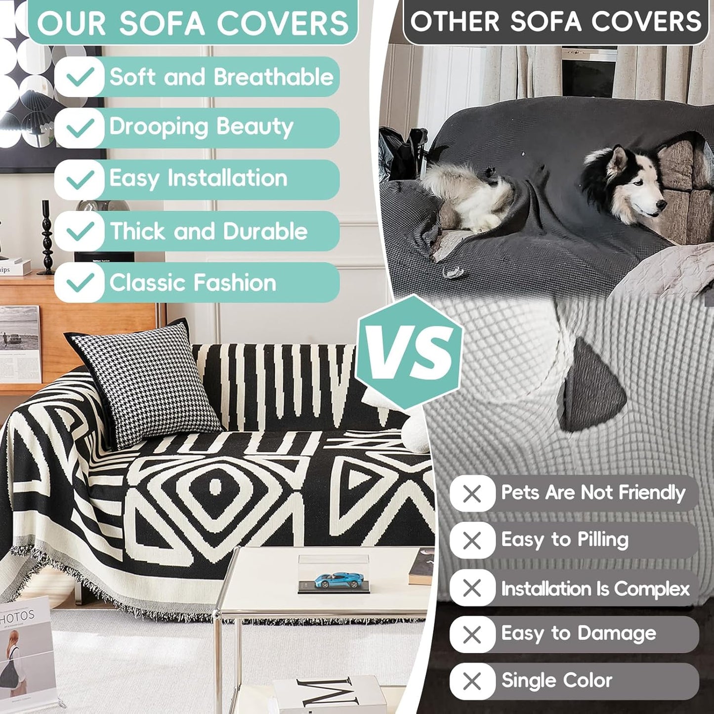 STACYPIK Boho Jacquard Sofa Cover for Dogs, Non Slip Black Geometric Triangle Couch Cover for 1 Seater, Armchair Slipcovers, Reversible Loveseat Cover, Multi-use Furniture Protector for Pets-71X71IN