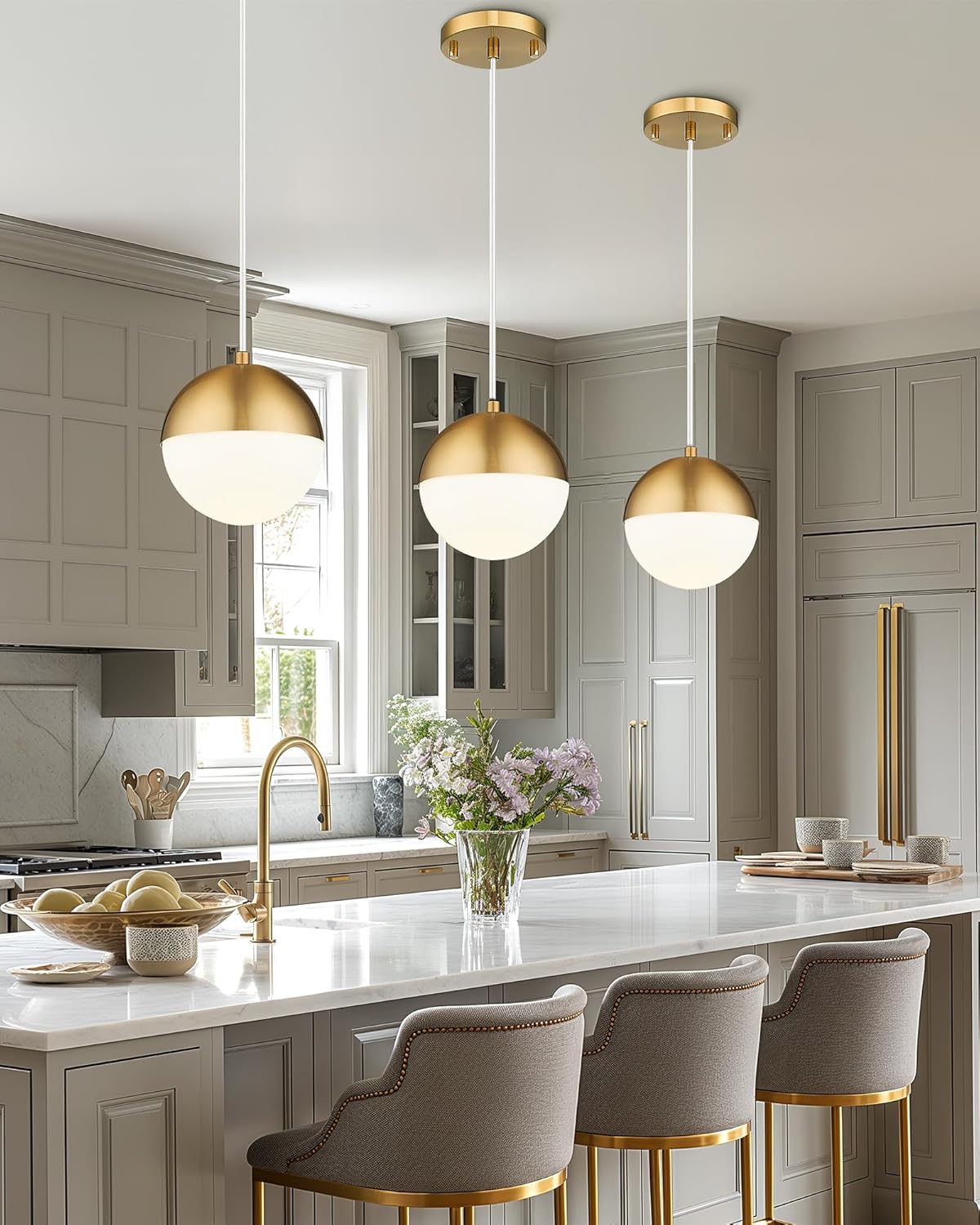 LMS Mid Century Pendant Lights, Brushed Gold Kitchen Island Light Fixtures with White Globe Glass Shade, Adjustable Hanging Cord, 3-Pack for Home Office Dining Room Bathroom, LMS-186PL-BGWS3PK