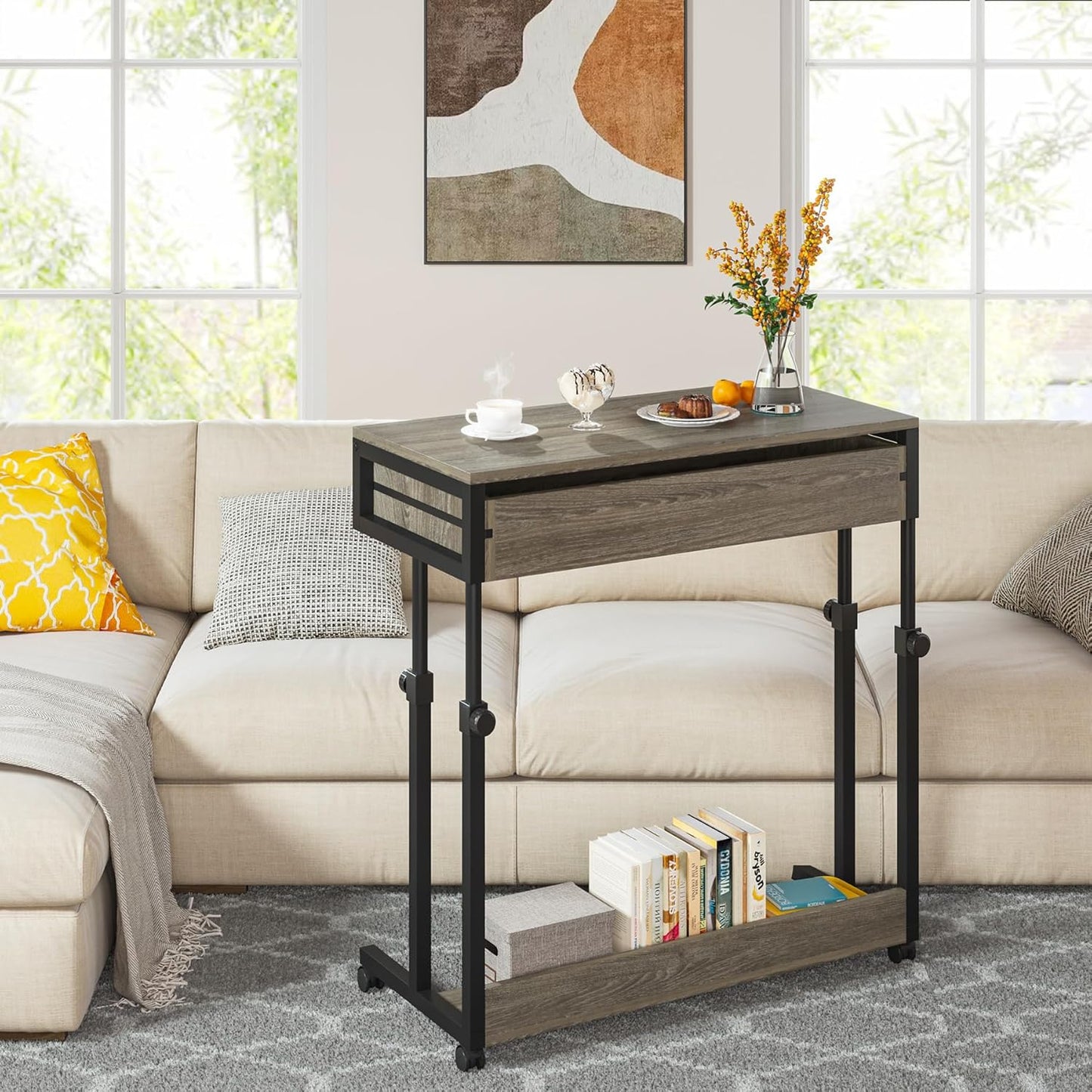 Tribesigns Portable Desk with Drawers, Mobile Laptop Desks with Wheels, Couch Desk Sofa Side Table, Small Standing Desks for Home Office (Retro Grey)