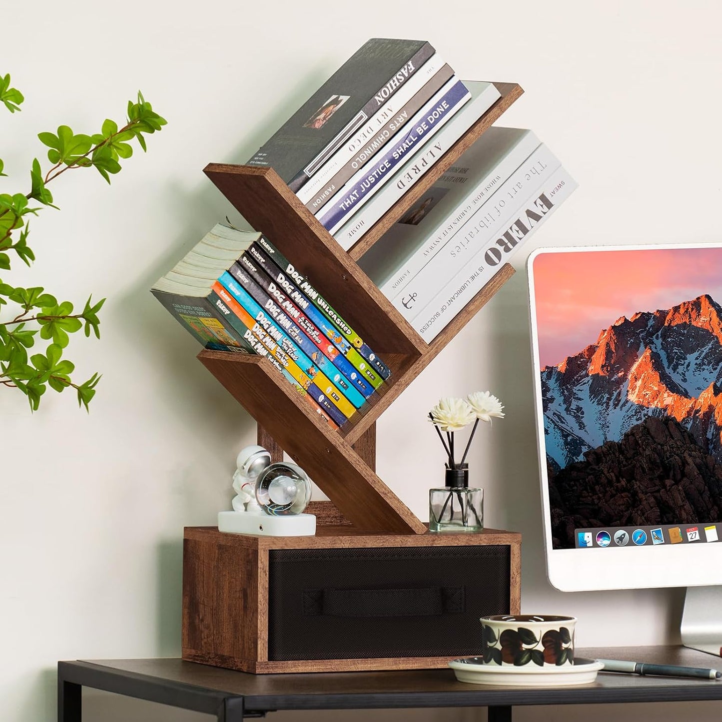 Small Bookshelf with Drawer,4 Tier Tree Book Shelf,Wood Desk Bookshelves,Modern Free Standing Desktop Display Shelves,Brown Floor Standing Organizer Bookcase for Living Room,Bedroom,Office