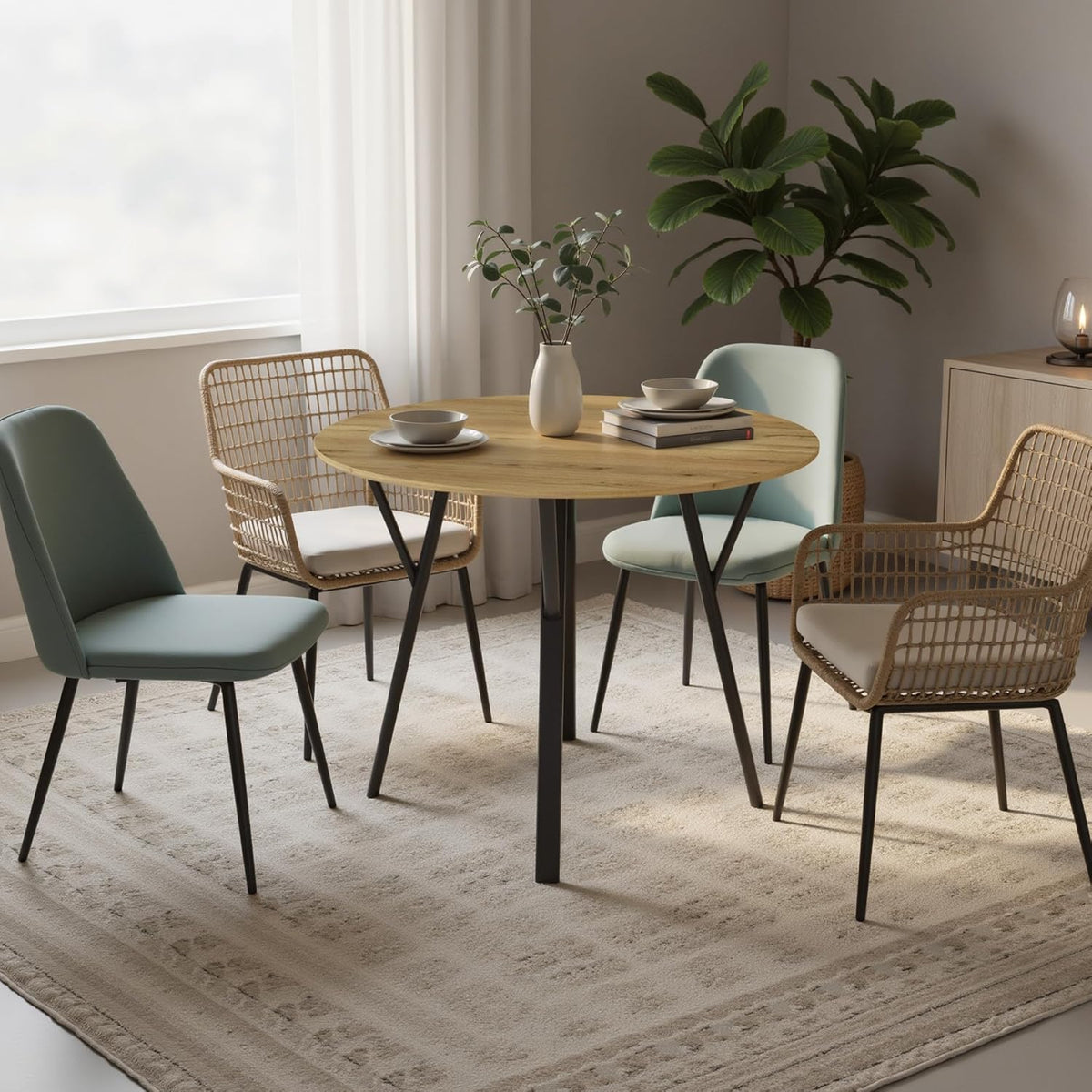 35" Round Dining Table for 4, Modern Small Circle Dinner Table Farmhouse Round Kitchen Tables with Metal Legs for Dining Room, Kitchen, Living Room, Light Brown & Black