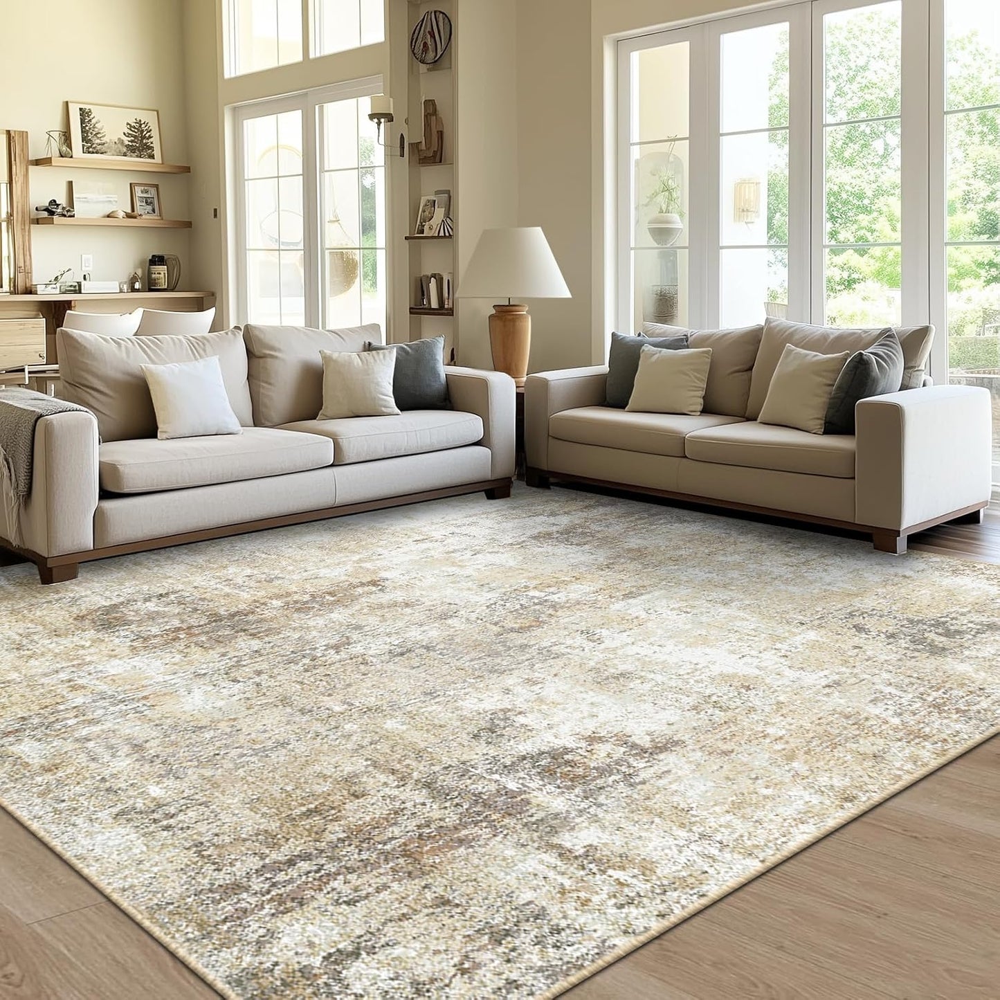 Washable Area Rugs 9'x12' Non-Slip Modern Abstract Soft for Living Room Entryway Bedroom Nursery, Print Pattern, Neutral Brown Gray