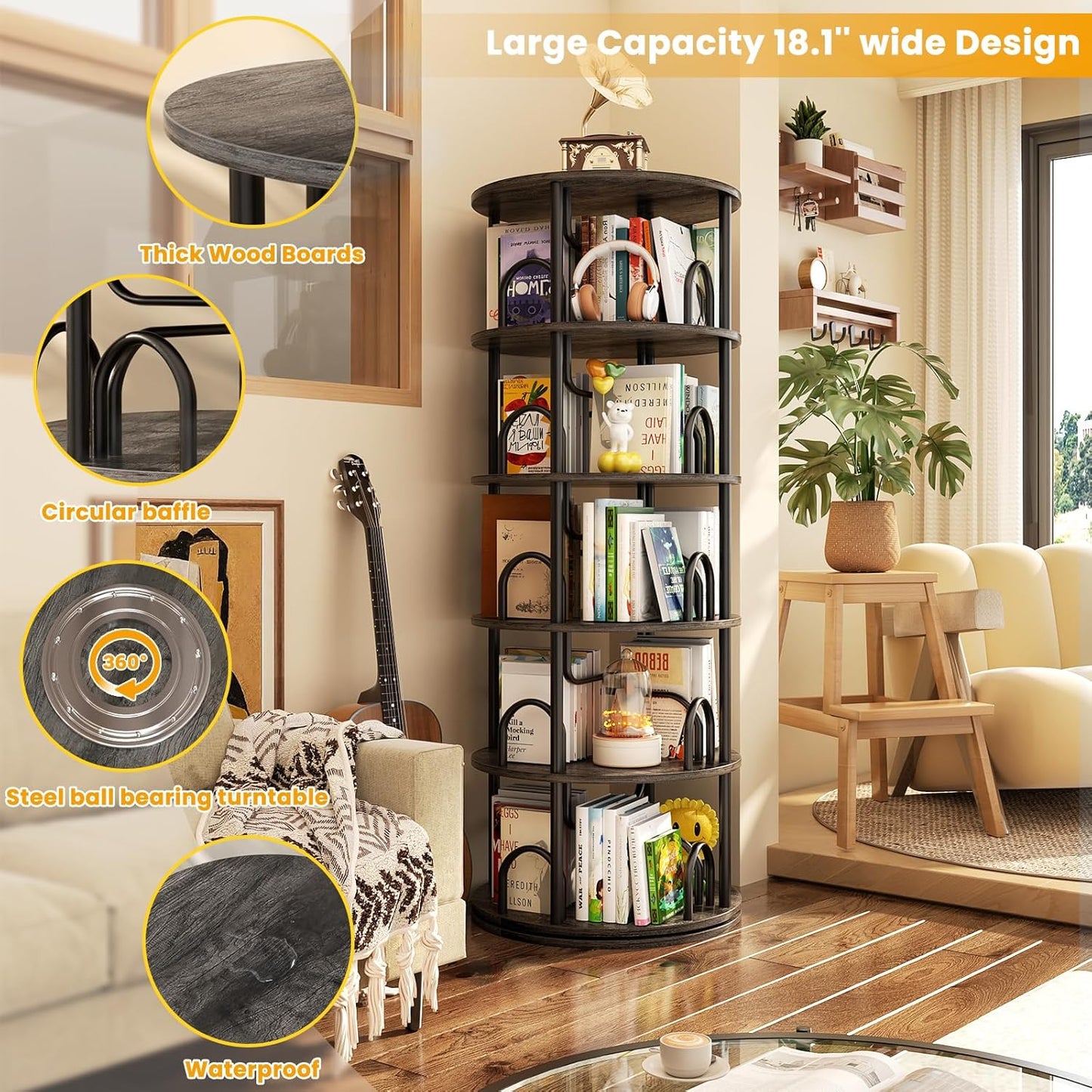 Aheaplus 5 Tier Rotating Bookshelf Tower, 360 Display Spinning Bookcase, Revolving Round Book Shelf Narrow Swivel Bookshelf, Vertical Turning Corner Book Organizer for Small Space, Black Oak