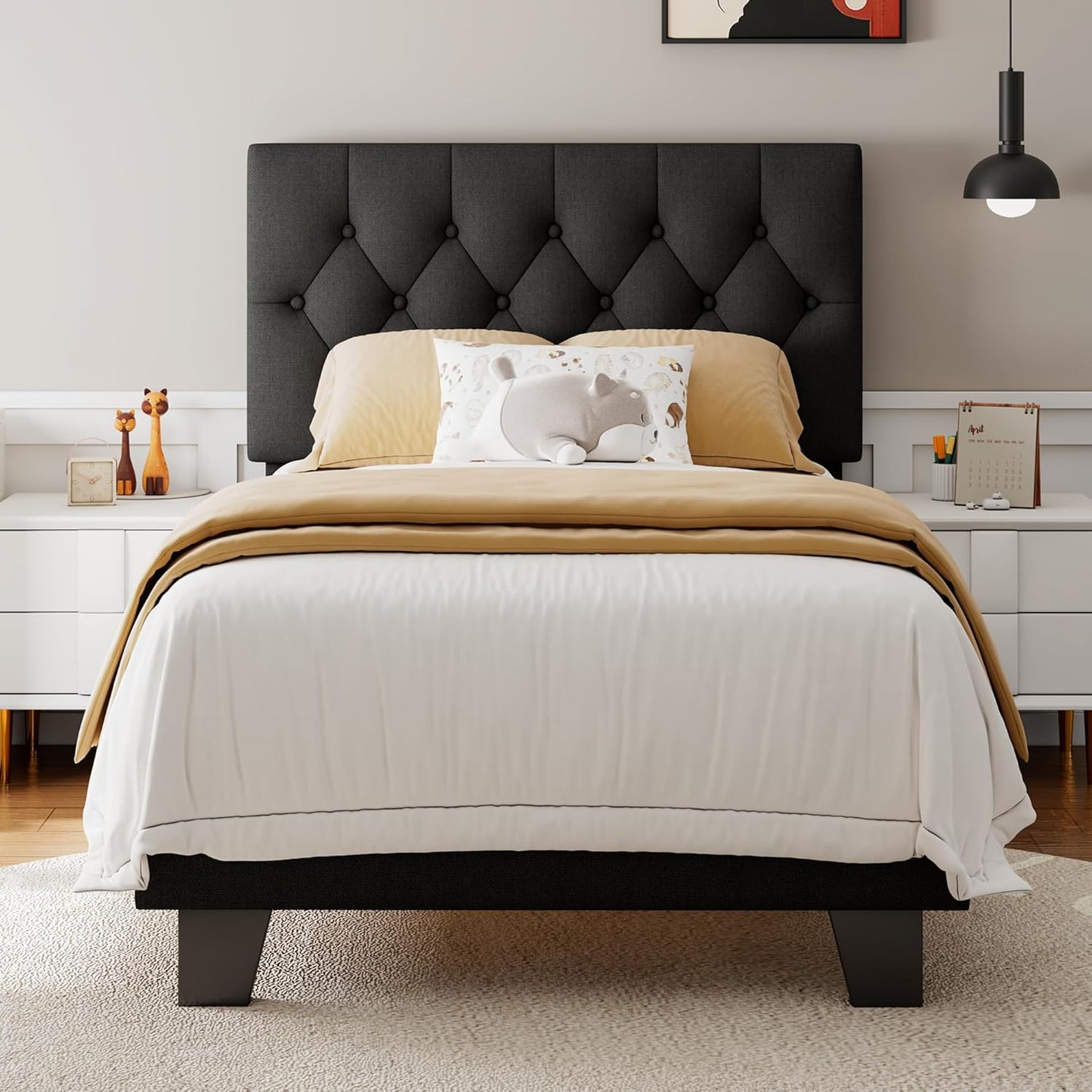 Feonase Twin Platform Bed Frame with Button Tufted Headboard, Upholstered Linen Bed with Wooden Slats Support, No Box Spring Needed, Noise-Free, Easy Assembly, Black