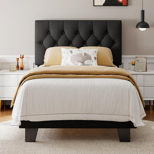 Feonase Twin Platform Bed Frame with Button Tufted Headboard, Upholstered Linen Bed with Wooden Slats Support, No Box Spring Needed, Noise-Free, Easy Assembly, Black