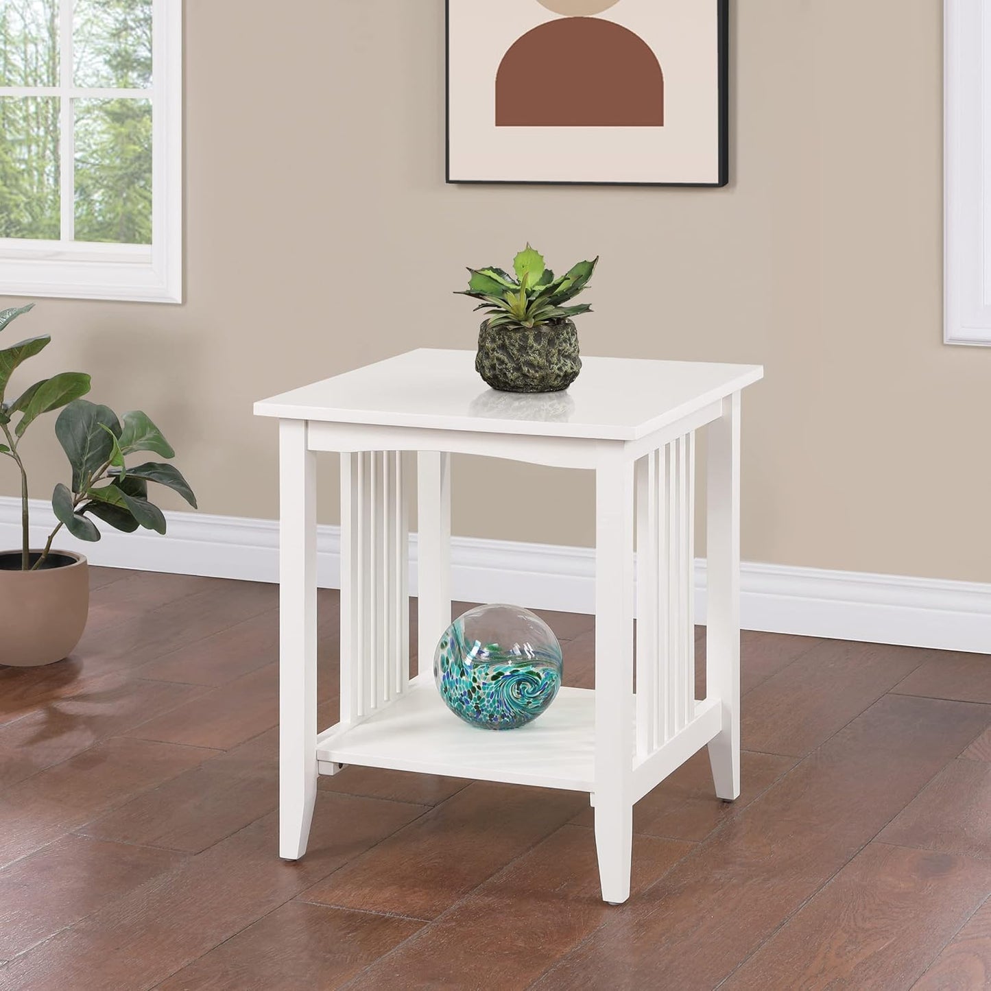 OSP Home Furnishings Sierra Side Table with Lower Storage Shelf and Mission Style Side Panels, White