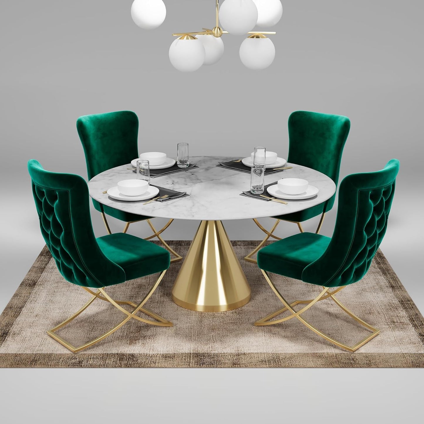 Ottomanson Royal Dining Chairs Set of 8 – Upholstered Tufted Microfiber, Assembled, Gold Metal Legs, Beech Wood Frame, 350 lb Capacity, Green