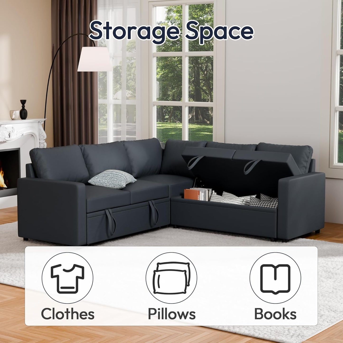 Sleeper Sofa Bed, Modular Sectional Couch with Pull Out Bed, L Shaped Sectional Convertible SofaBed with Storage Seat, for Living Room Apartment Bedroom Office Dark Gray Linen