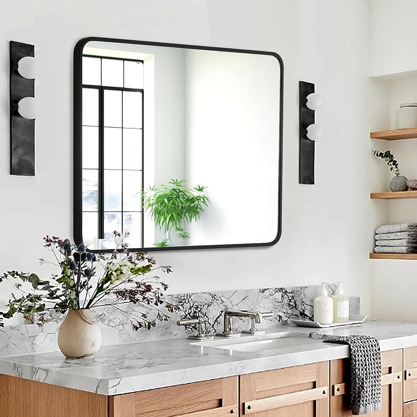 30x36 Inch Rectangle Bathroom Mirror with Black Metal Frame, Rounded Corner Rectangular Vanity Mirror for Wall, Modern Large for Bedroom, Living Room, Horizontal or Vertical