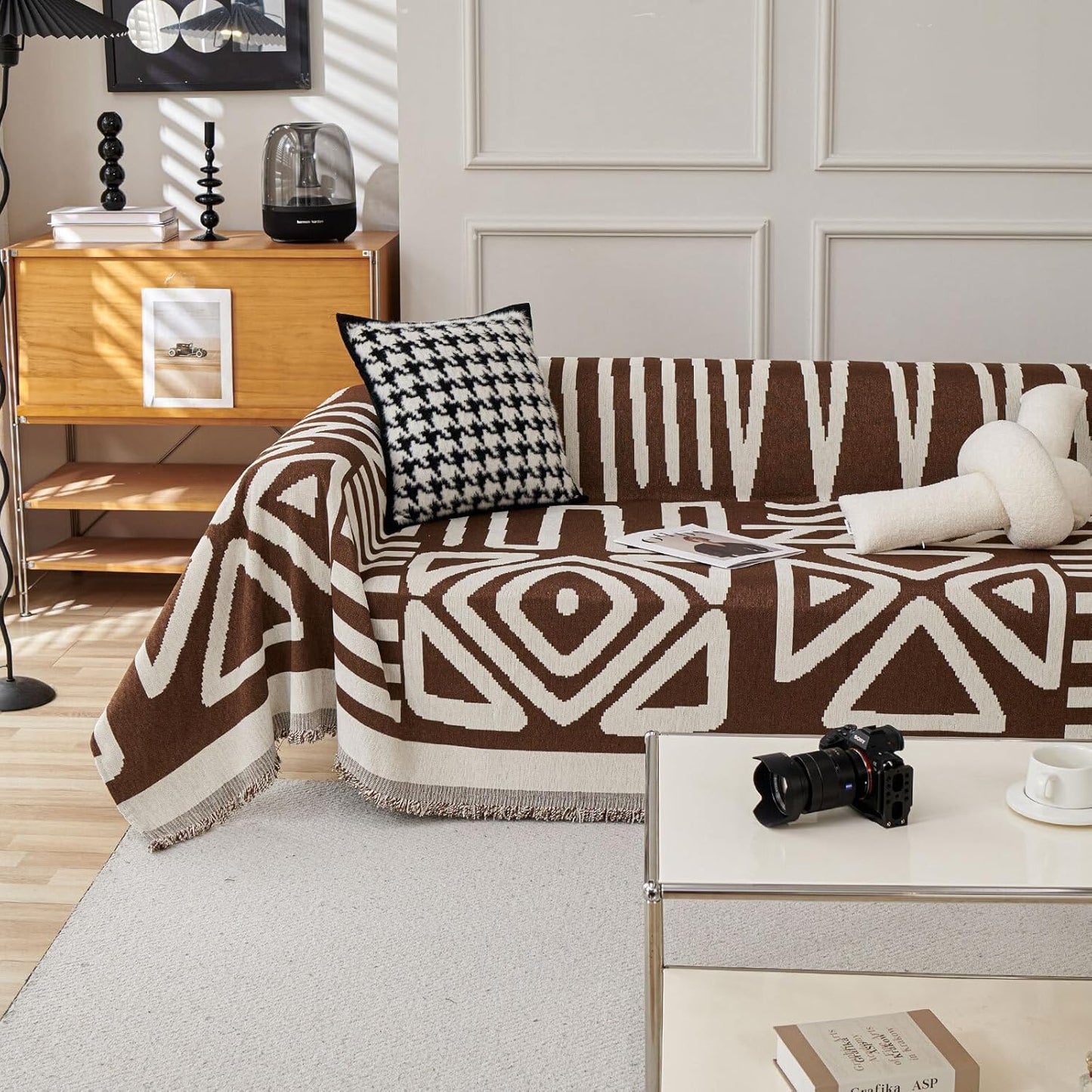 HANDONTIME Chocolate Boho Couch Cover Reversible Sofa Covers for 3 Cushion Washable Chenille Couch Protector, 71" X150