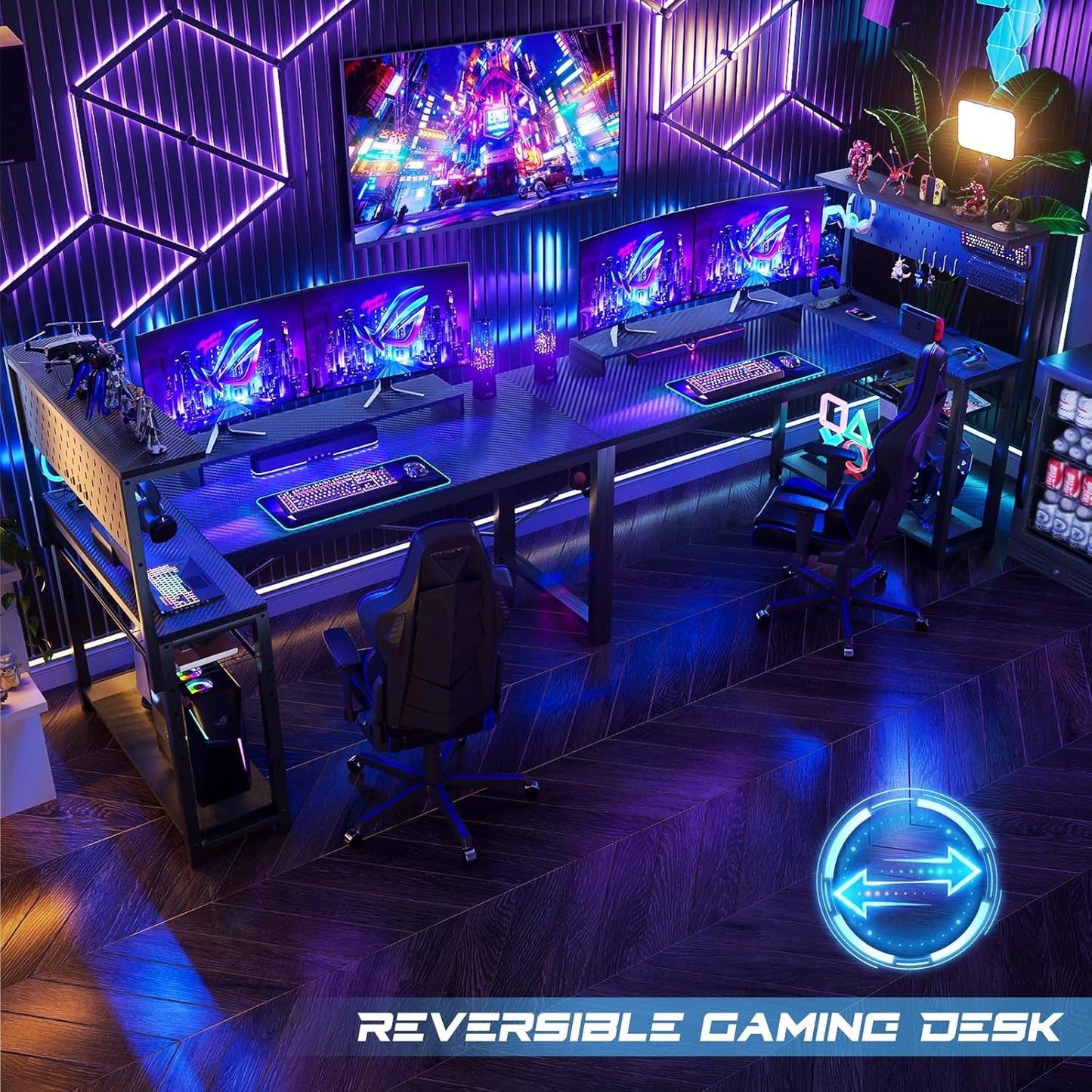 Homieasy Small Gaming Desk with Power Outlets Pegboard LED Light, 51 Inch L Shaped Computer Desk with Monitor Stand Storage Shelves, Reversible Corner Desk with Headset Hooks, Carbon Fiber Black