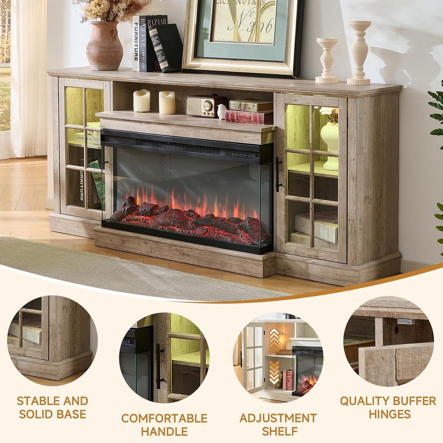 ROCKPOINT 3 Sided Glass 80" Fireplace TV Stand for TVs up to 90", Media Entertainment Center with Glass Door Storage Cabinet for Living Room,36" Electric Fireplace & Adjustable LED Light,Grey