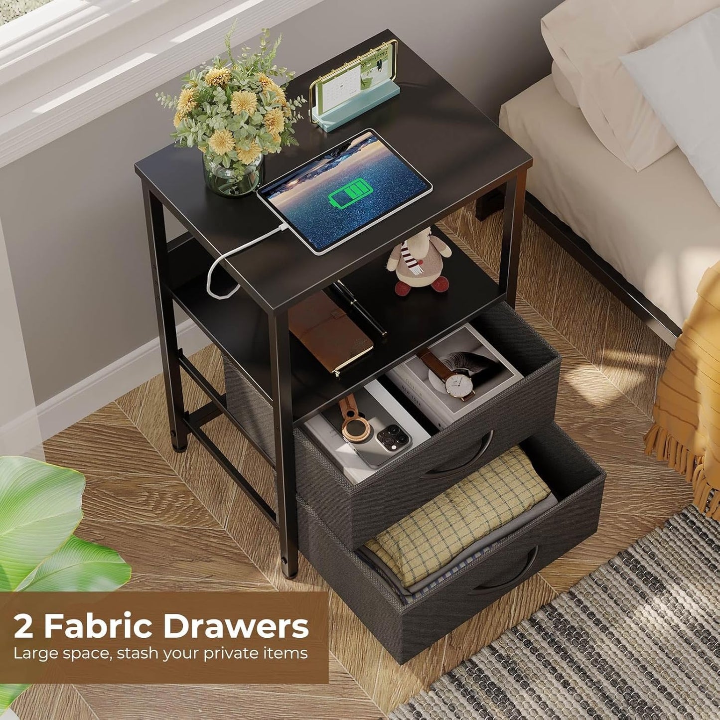 Seventable Nightstand Set of 2 with Charging Station, Bedside Table with LED Lights, Night Stand with 2 Fabric Drawers, 3-Tier Storage End Table for Bedroom, Black