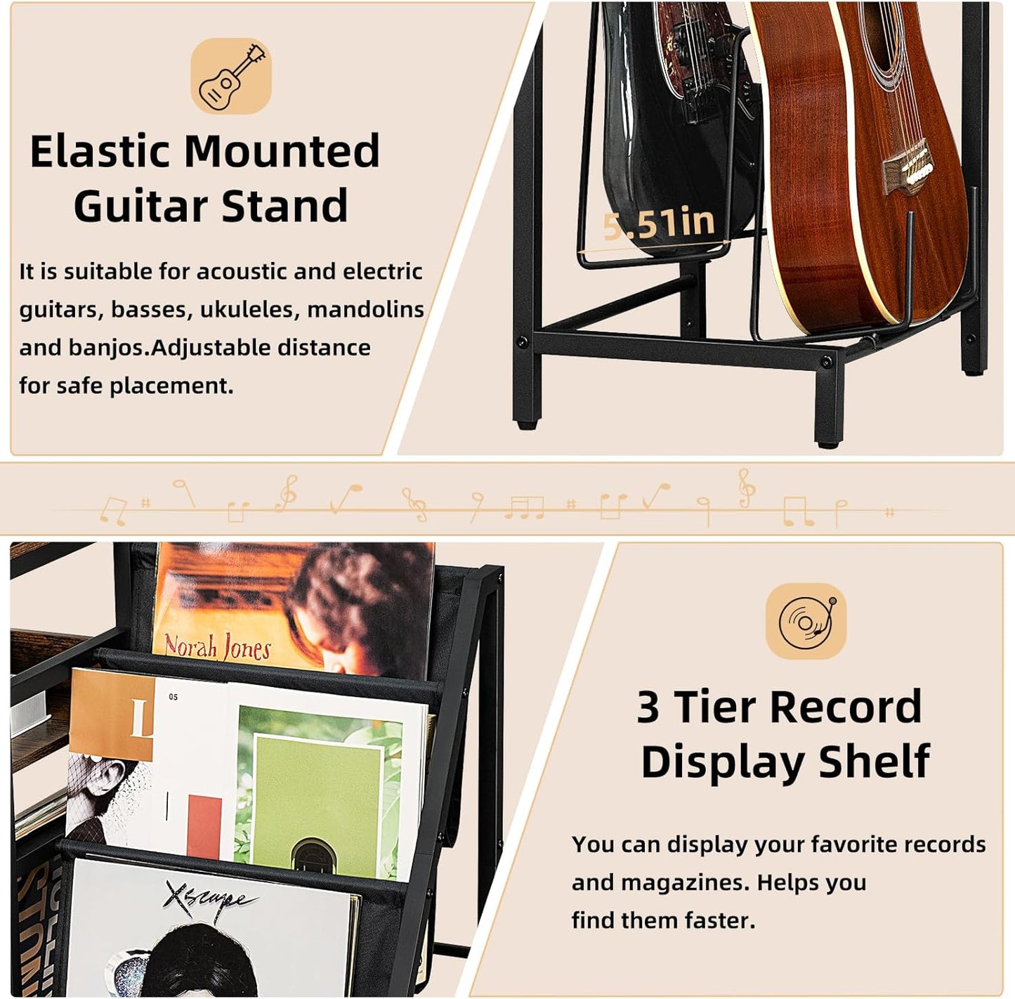 LELELINKY Record Player Stand, Adjustable Guitar Stand for Acoustic Guitar, Electric Guitar, Bass, Turntable Stand with Vinyl Display Shelf Storage Up to 150 Albums,Brown End Table for Music Room