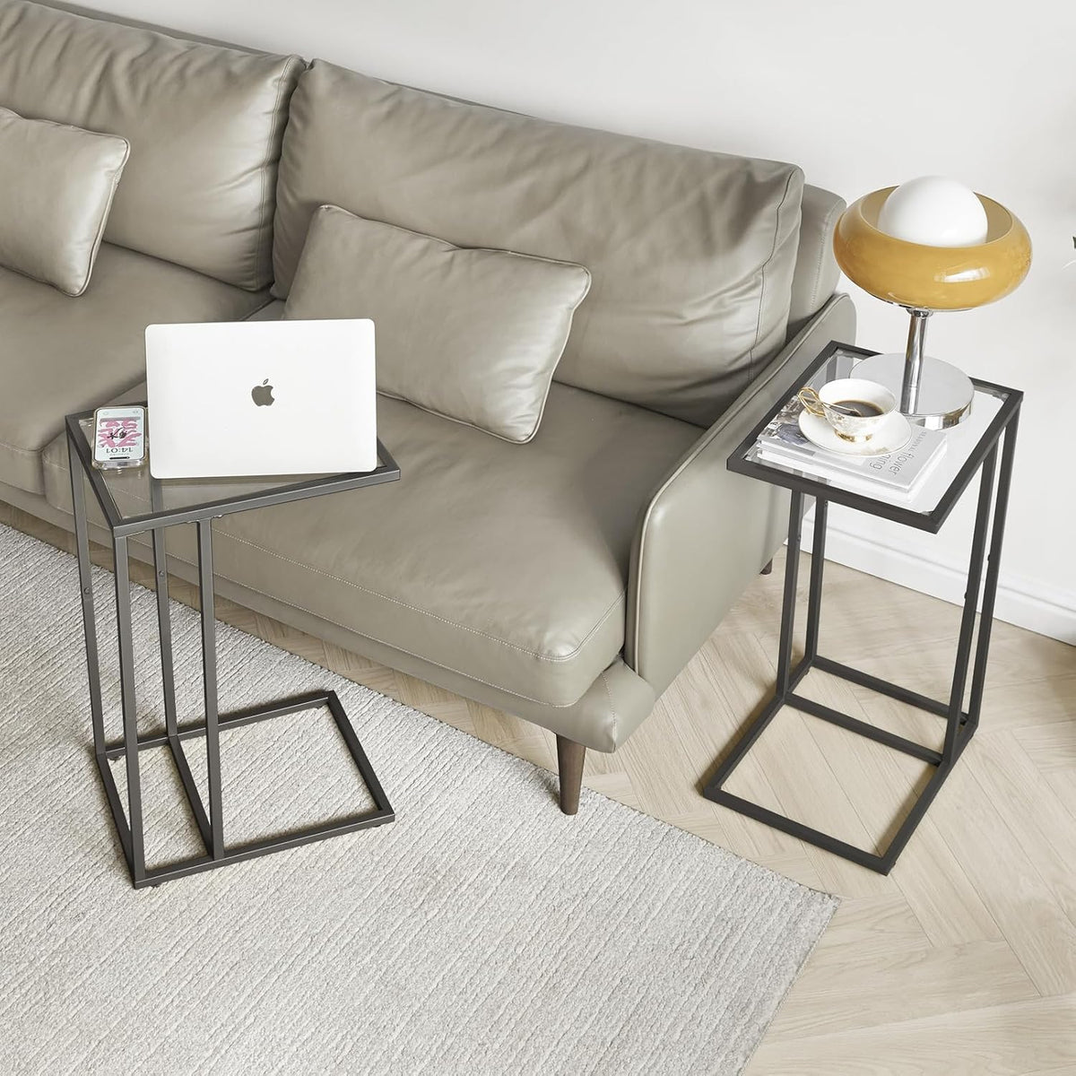 YMYNY C-Shaped End Table, Tempered Glass Sofa Side Table, nightstand for Small Place,Coffee Table for Hallway Office Bedroom Living Room, Metal Frame, Black, 24.8 * 15.75 * 11.8" UHGD001B