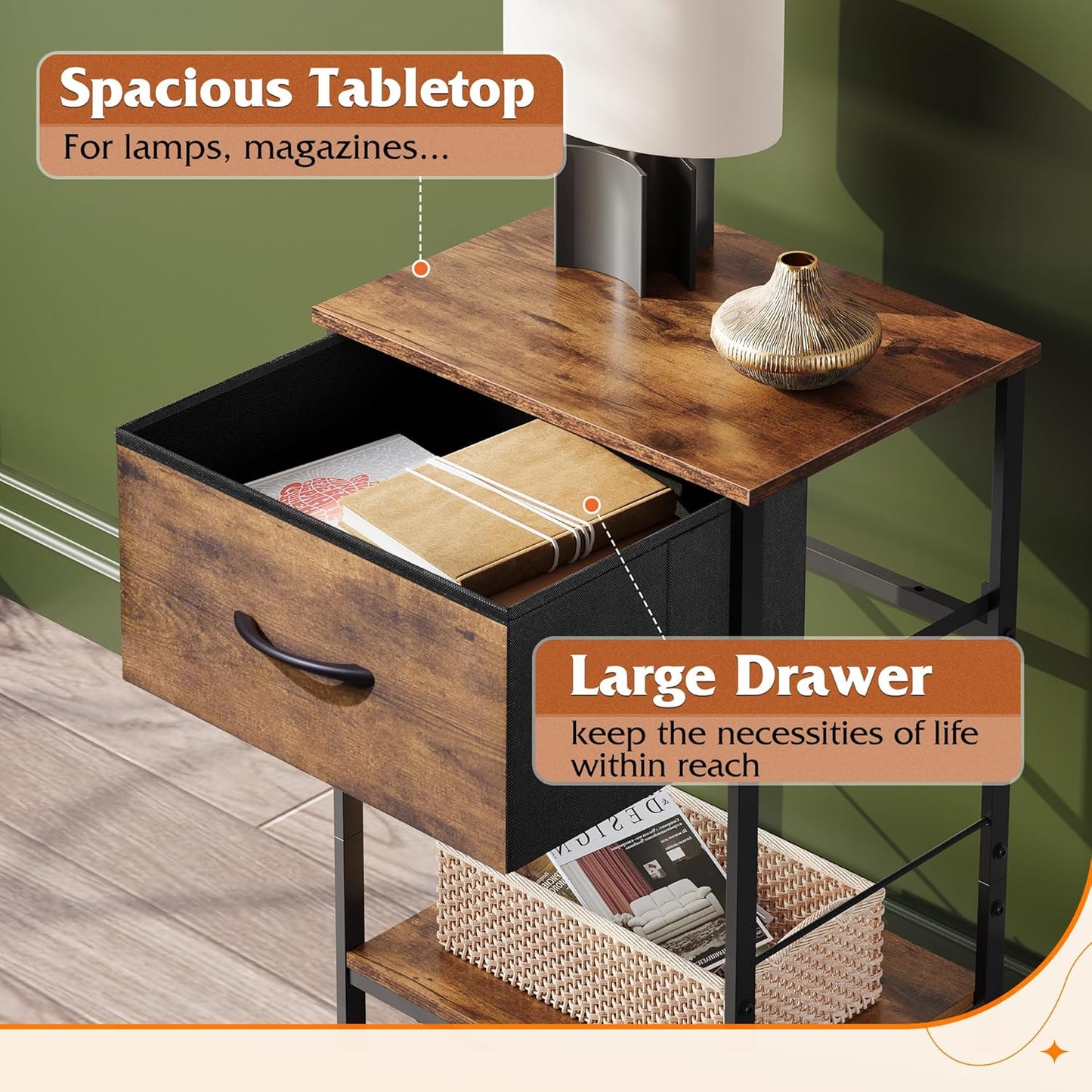 WLIVE Nightstand Set of 2, End Table with Fabric Storage Drawer and Open Wood Shelf, Bedside Furniture with Steel Frame, Side Table for Bedroom, Dorm, Rustic Brown Wood Grain Print, 25.03" Height
