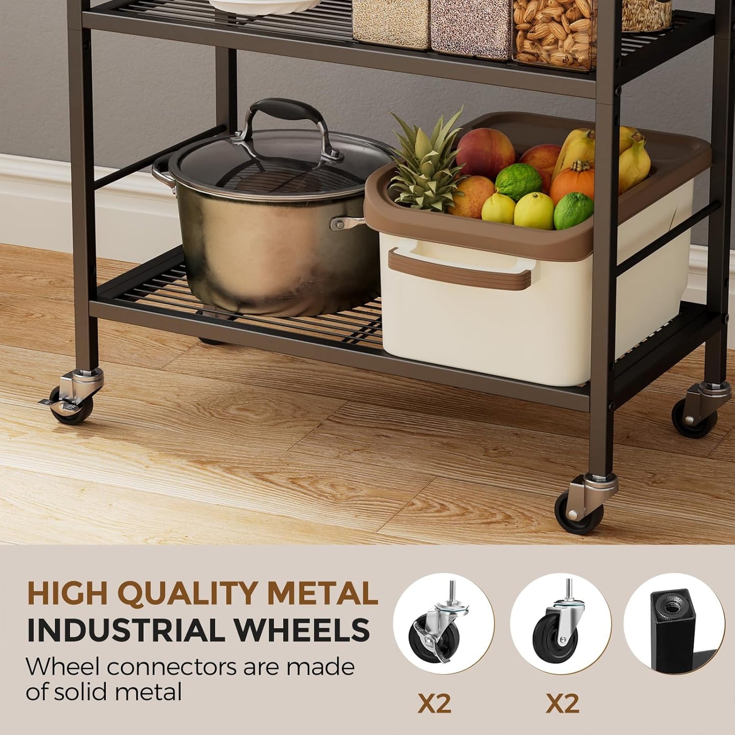 3-Tier Metal Storage Rack with Industrial Wheels,Mesh Shelving Unit with Wooden Table top,Adjustable Shelf,23.6-Inch Width,for Kitchen,Laundry,Pantry,Plant,Black panel and black frame