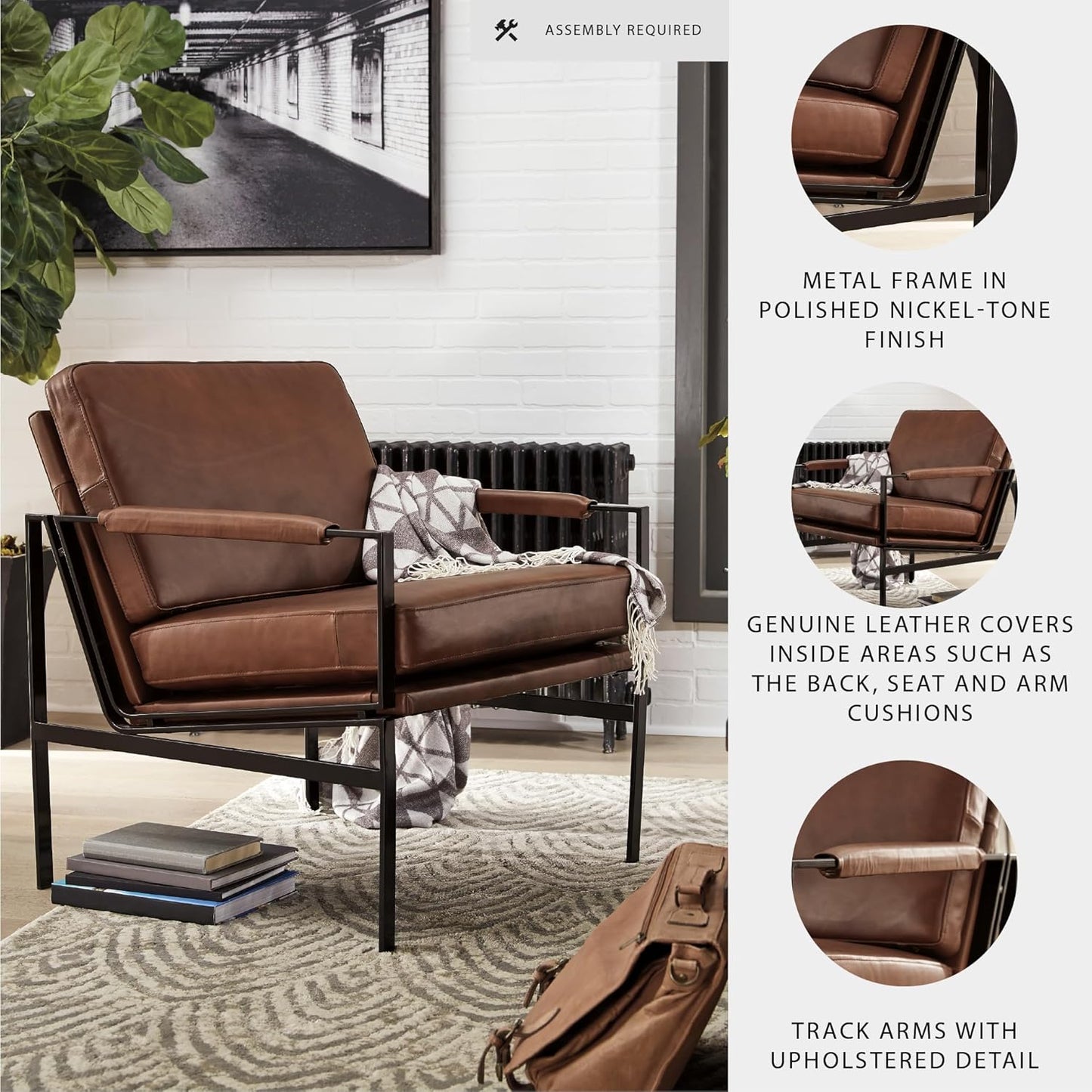 Signature Design by Ashley Puckman Mid-Century Modern Leather Accent Chair, Brown