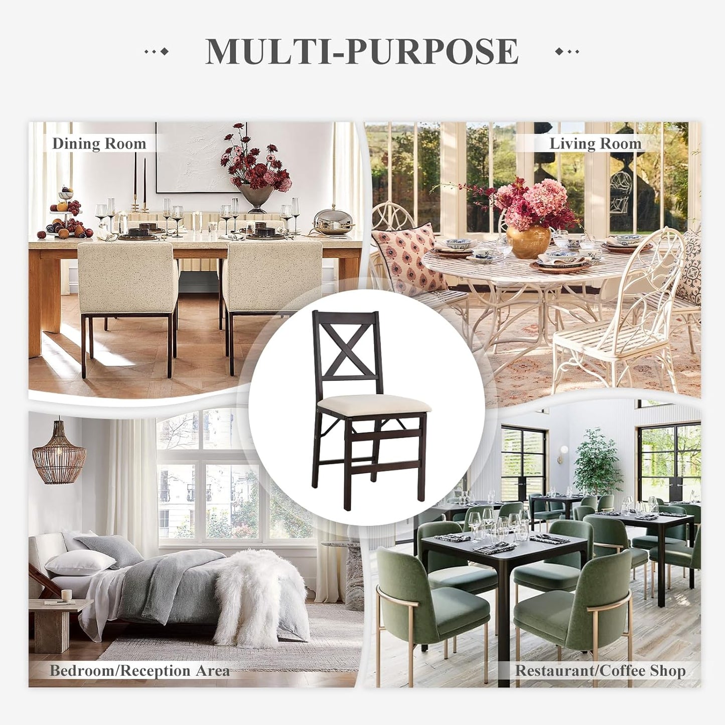 COLAMY Folding Dining Chairs Set of 4 – Beige Upholstered Wooden Dining Room Chairs for Kitchen & Small Spaces, Mid Century Modern Design, Space-Saving, No Assembly Required