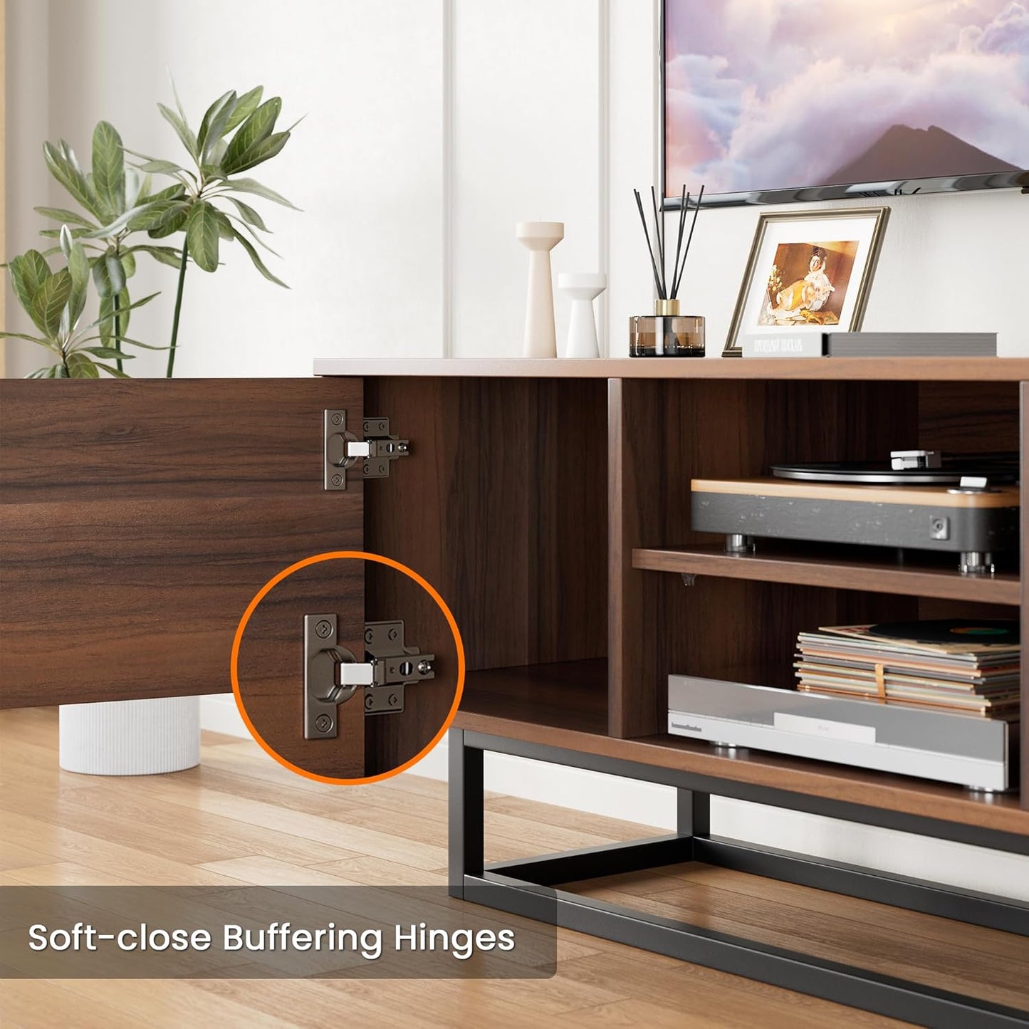 HAIOOU TV Stand for 50 55 Inch TV, Modern TV Console Small Entertainment Center with Sturdy Metal Base, Push-to-Open Doors and Soft-Close Hinges for Living Room, Bedroom - Walnut Brown