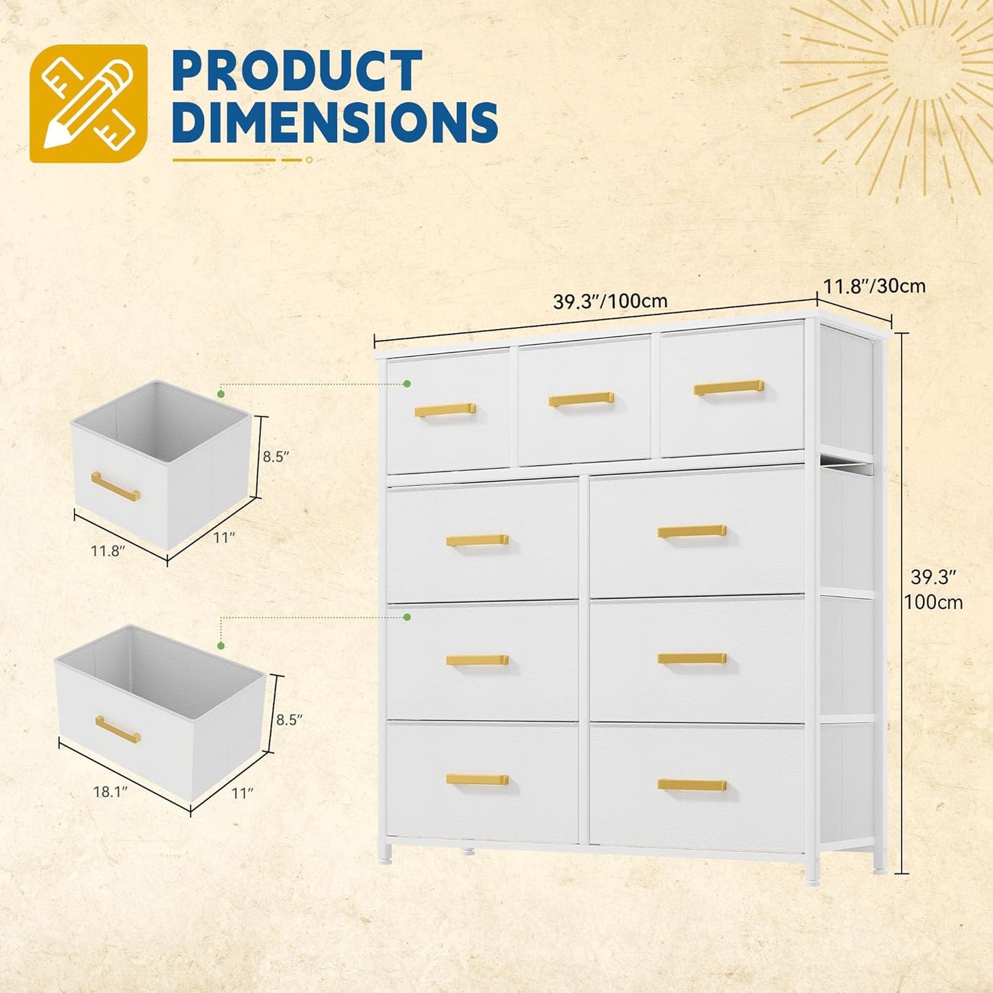 DWVO Dresser with 9 Drawers - Fabric Storage Tower, Organizer Unit for Living Room, Hallway - Sturdy Steel Frame, Wooden Top & Easy Pull Fabric Bins