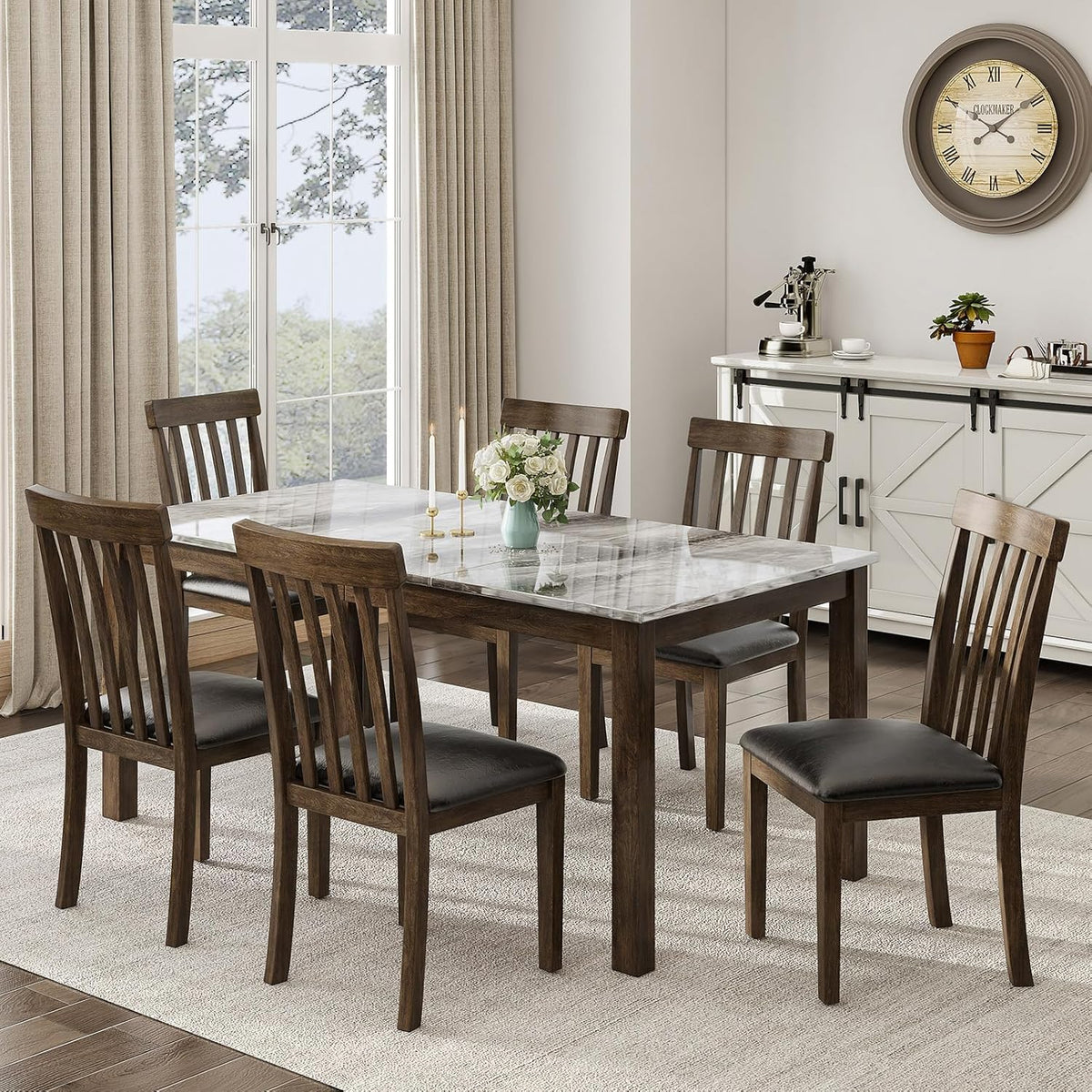 7-Piece Dining Table Set, 71" Faux Marble Kitchen Table with 6 Chairs, Solid Wood Curved Backrests & PU Cushioned Seats, Kitchen Table Chairs Set for Living Room, Dining Room