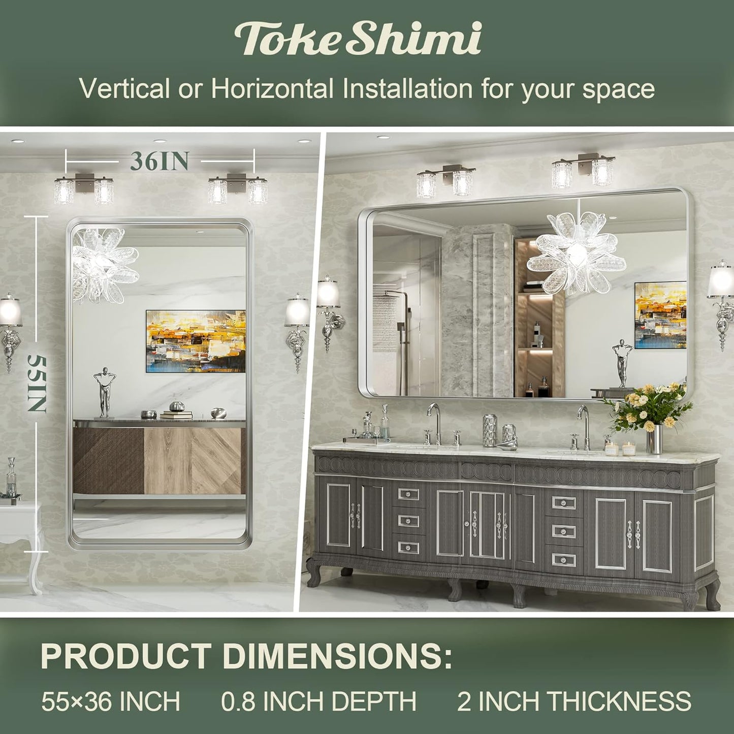 TokeShimi 55 x 36 Inch Brushed Silver Mirror Wall Mirror for Bathroom Black Metal Frame Decorative Rectangular Wall Mounted Home Decor Corner Hangs (Horizontal/Vertical)
