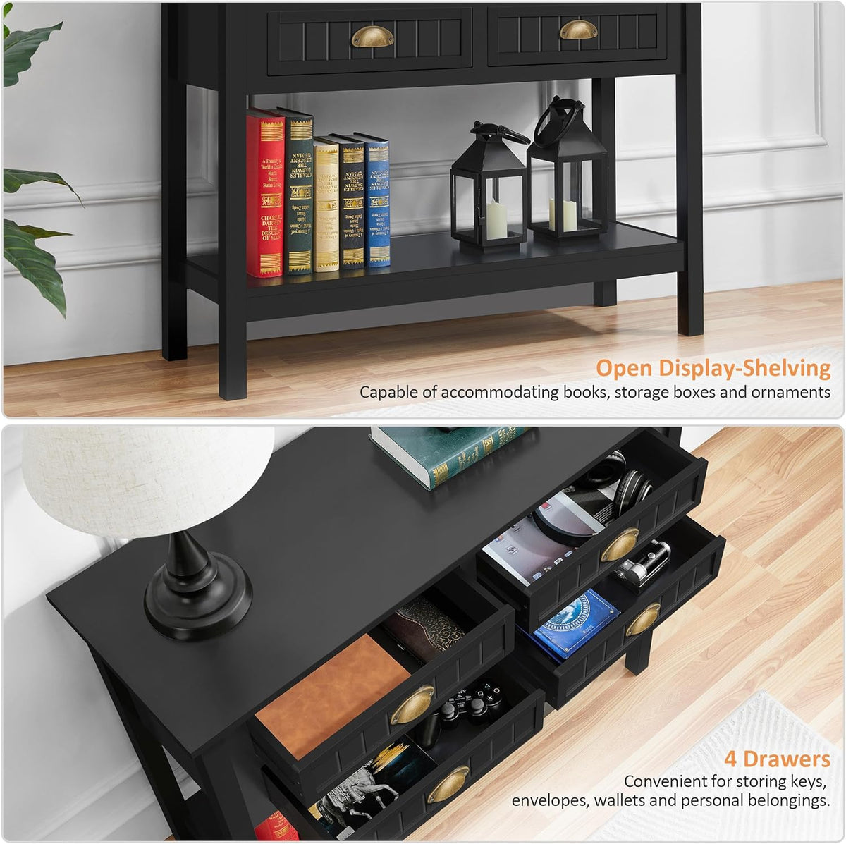 Yaheetech Console Table with 4 Drawers, Sofa Side Table with Bottom Open Storage Shelf, Heavy-Duty Entryway Tables for Hallway/Living Room, 39.5x14x32 inch, Black