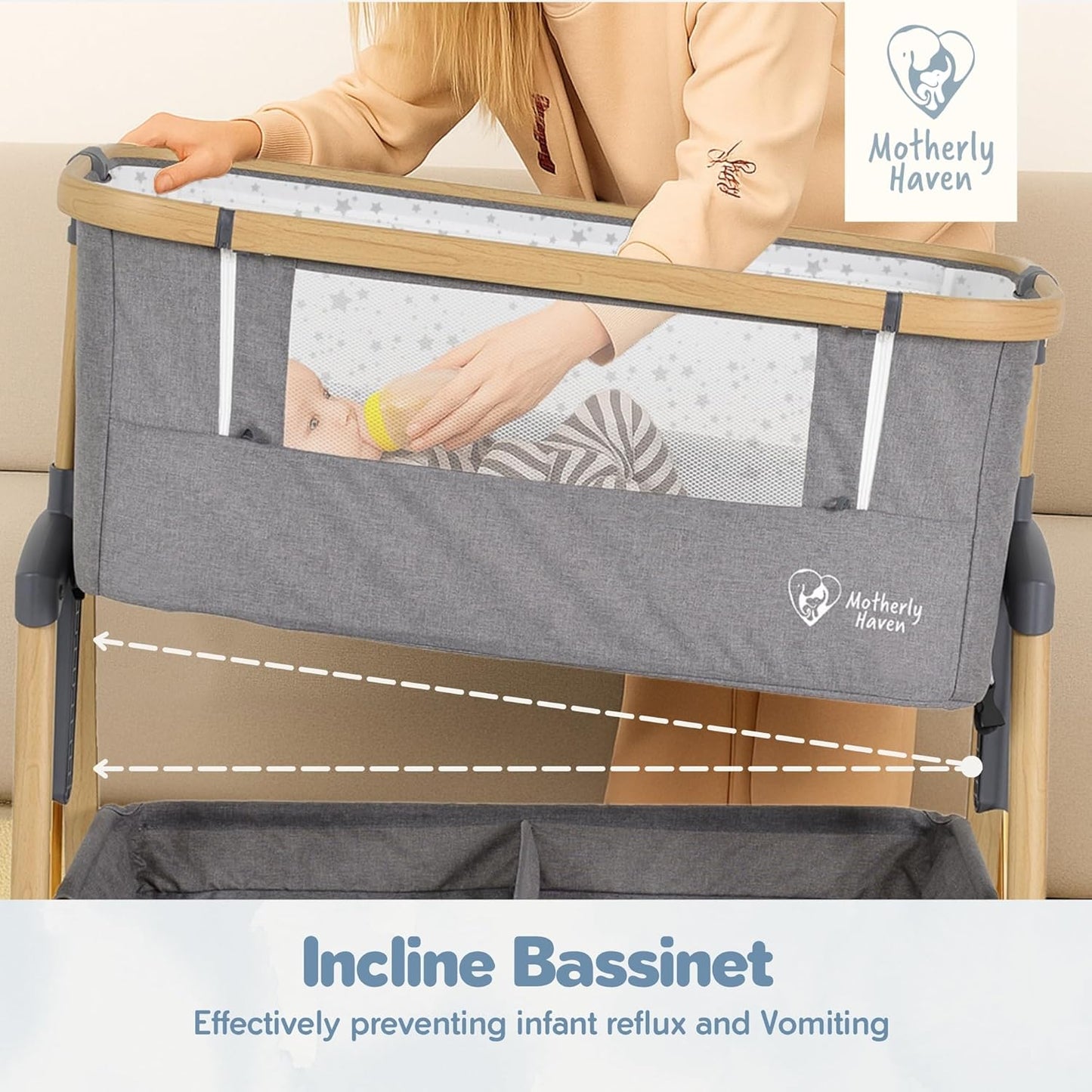 Baby Bassinet Bedside Sleeper, Portable Crib for Newborns, Adjustable 7-Height Auto-Lock, with Wheels, Soft Mattress & Breathable Mesh (Light Grey)