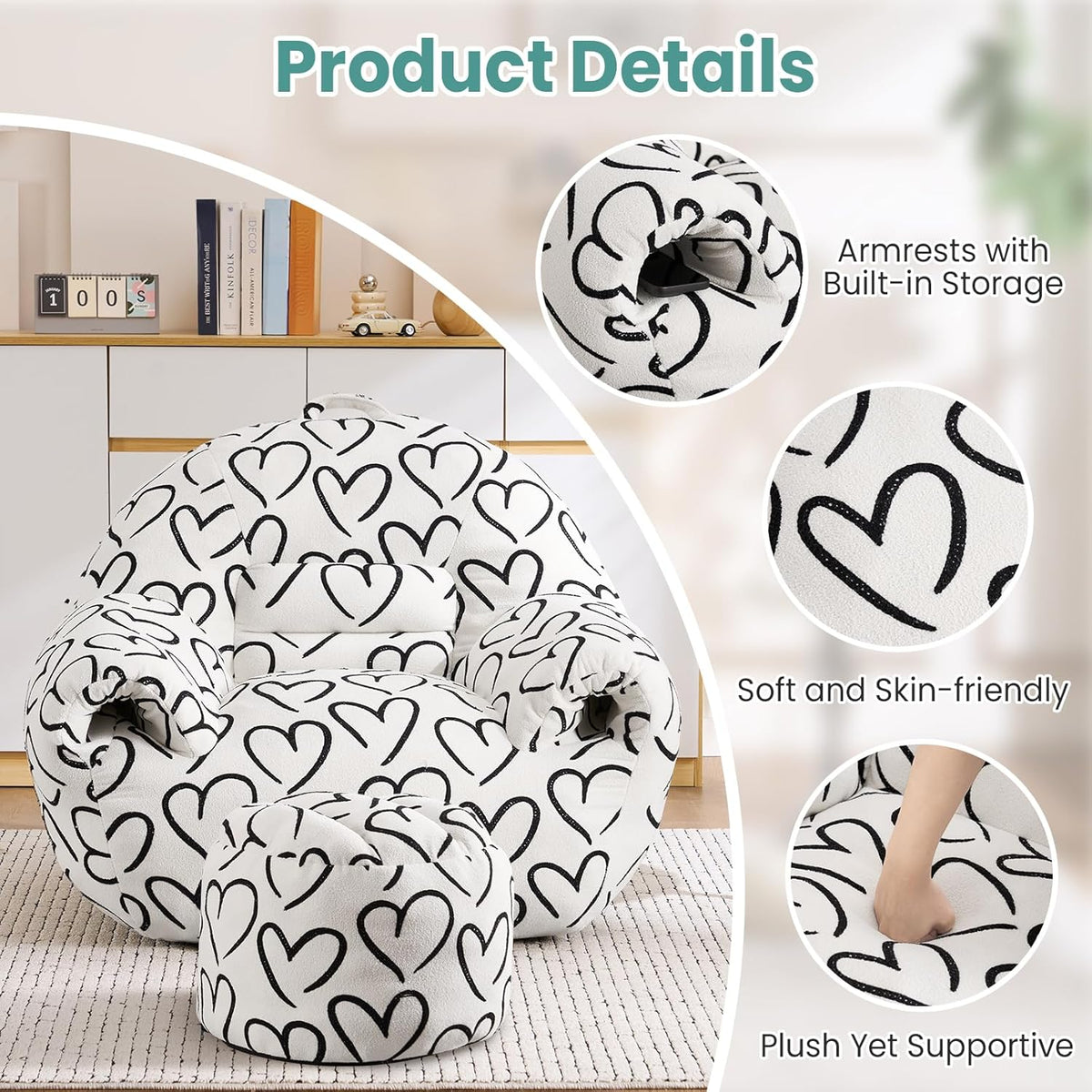 DAICO Bean Bag Chairs for Adults Comfy Accent Chair with Ottoman Floor Sofa Beanbag Couchs with Armrests White Single Lazy Sofa with Foam for Living Room Reading Bedroom Gaming (Cordate Pattern)