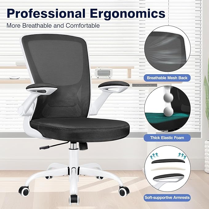 Ergonomic Office Chair, Mesh Computer Chairs with Lumbar Support, Swivel Desk Chair with Flip-up Arms and Adjustable Height, White