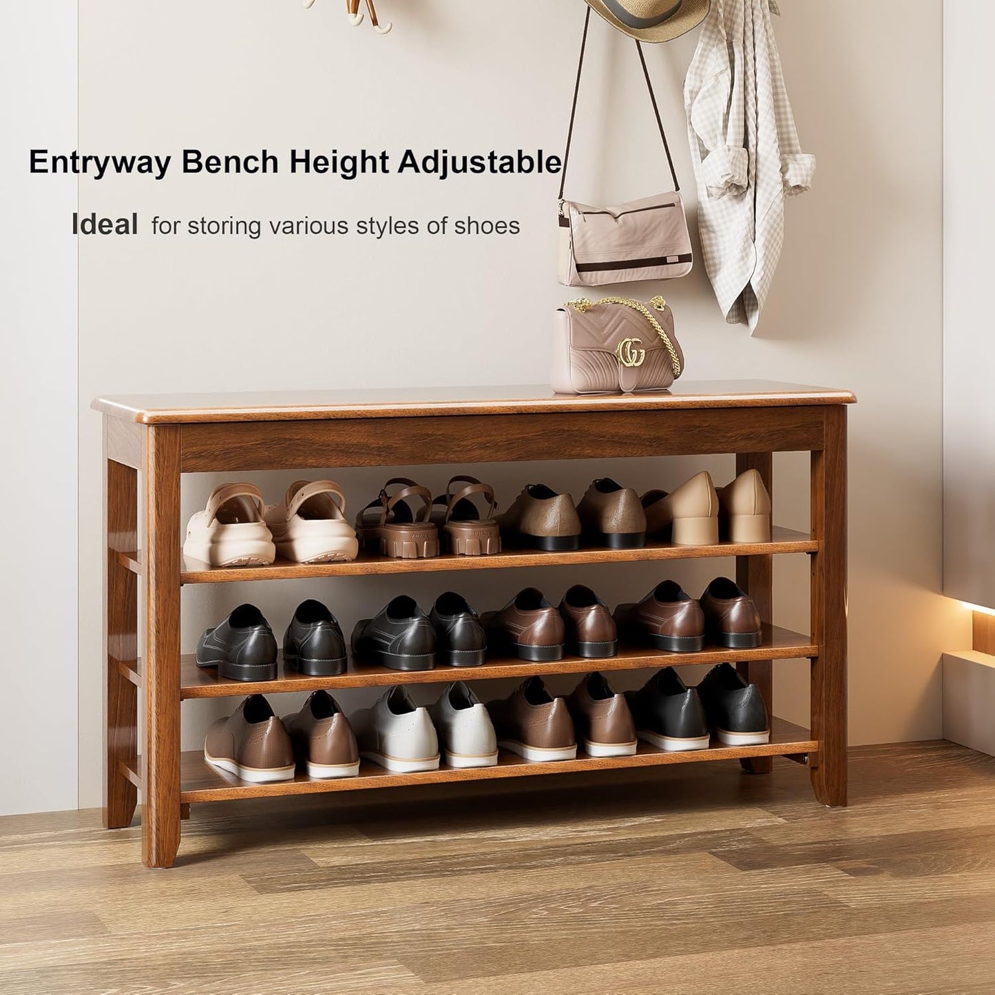 Shoe Storage Bench for Entryway - 4 Tier Shoe Rack for Front Door Entrance, Rubberwood Shoes Rack Height Adjustable, Entryway Bench with Shoes Storage for Any Room (Walnut, 39.4" W)