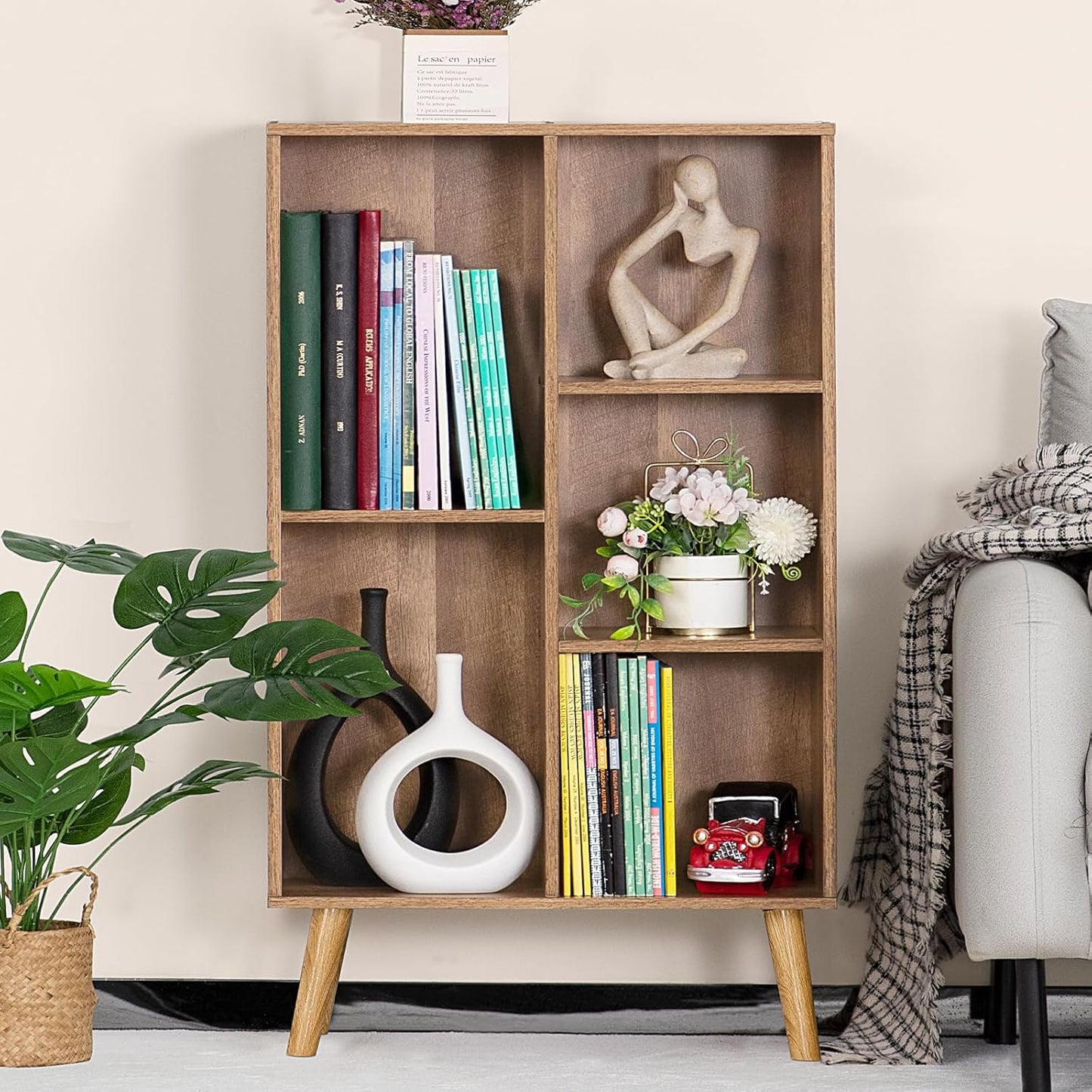 5 Cube Small Bookshelf,3 Tier Mid-Century Modern Bookcase with Legs,Wood Kids Bookshelves Storage Organizer Shelf,Free Standing Narrow Book Shelves,Oak Grey Corner Bookcases for Bedroom,Living Room