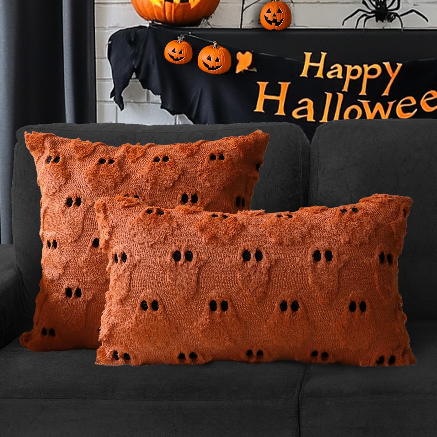 4TH Emotion Halloween Ghost Decorative Pillow Covers 16x16 Set of 2, Rust Red Soft Plush Faux Fur Farmhouse Throw Cushion Cases for Fall Autumn Holiday Home Decorations