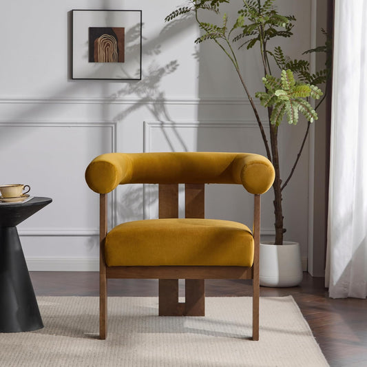 Christopher Knight Home Linton Modern Velvet Upholstered Accent Chair, Living Room Solid Wood Lounge Chair, Bedroom Soft Cushion Comfy Reading Chair, Home Office Sofa Armchair, Mustard Yellow+Brown