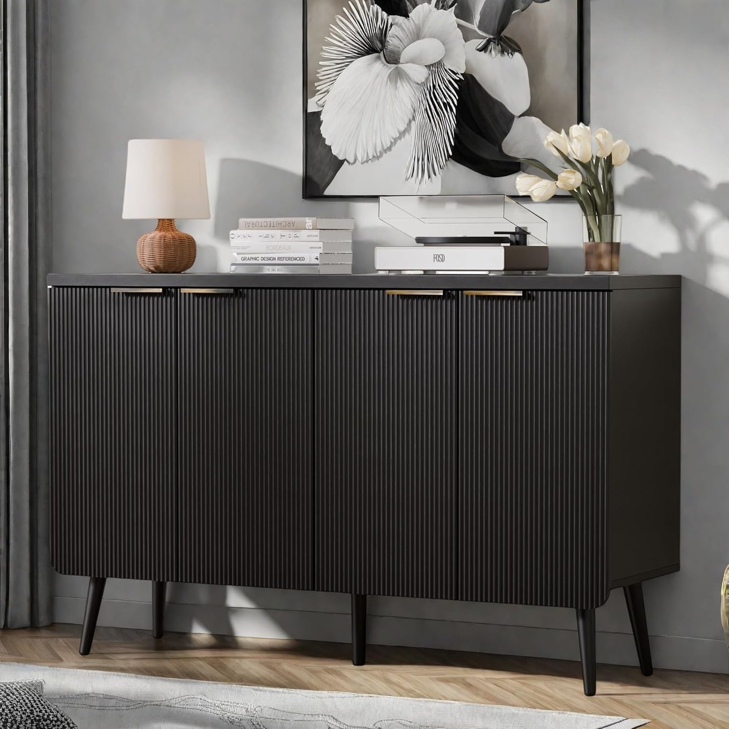 Buffet Cabinet with Storage, Fluted Multifunctional Storage Cabinet with 4 Doors, Modern Sideboard Buffet Credenzas for Living Room, Entryway, Hallway, Black