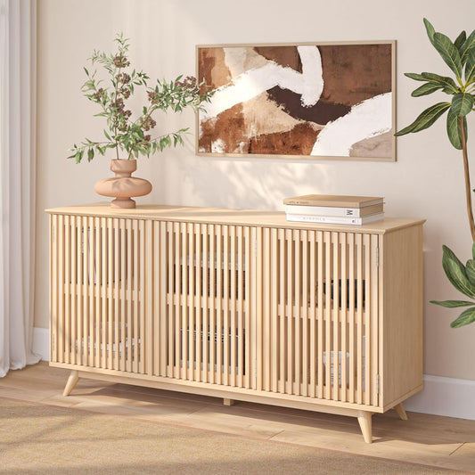 Plank+Beam Mid-Century Modern Wood TV Stand, Three Door Solid Wood Entertainment Console with Storage, 59" L x 16" W x 30" H, Blonde
