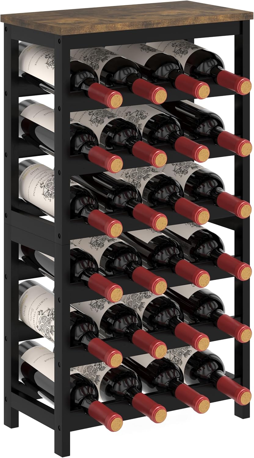 6 Tier Bamboo Wine Rack Freestanding Floor, 24 Bottles Wine Storage Shelves with Table Top, Stackable Wine Display Rack for Kitchen, Bar, Dining Room, Rustic Brown and Black