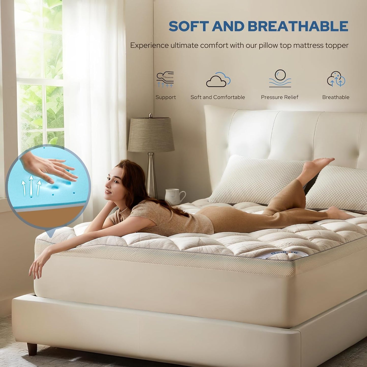 Bedlore 4-Inch King Mattress Topper for Back Pain - Dual Layer Medium Support (2" Gel Memory Foam + 2" Cooling Fluffy Pillow Top Pad), Breathable & Pressure Relief(Beige)
