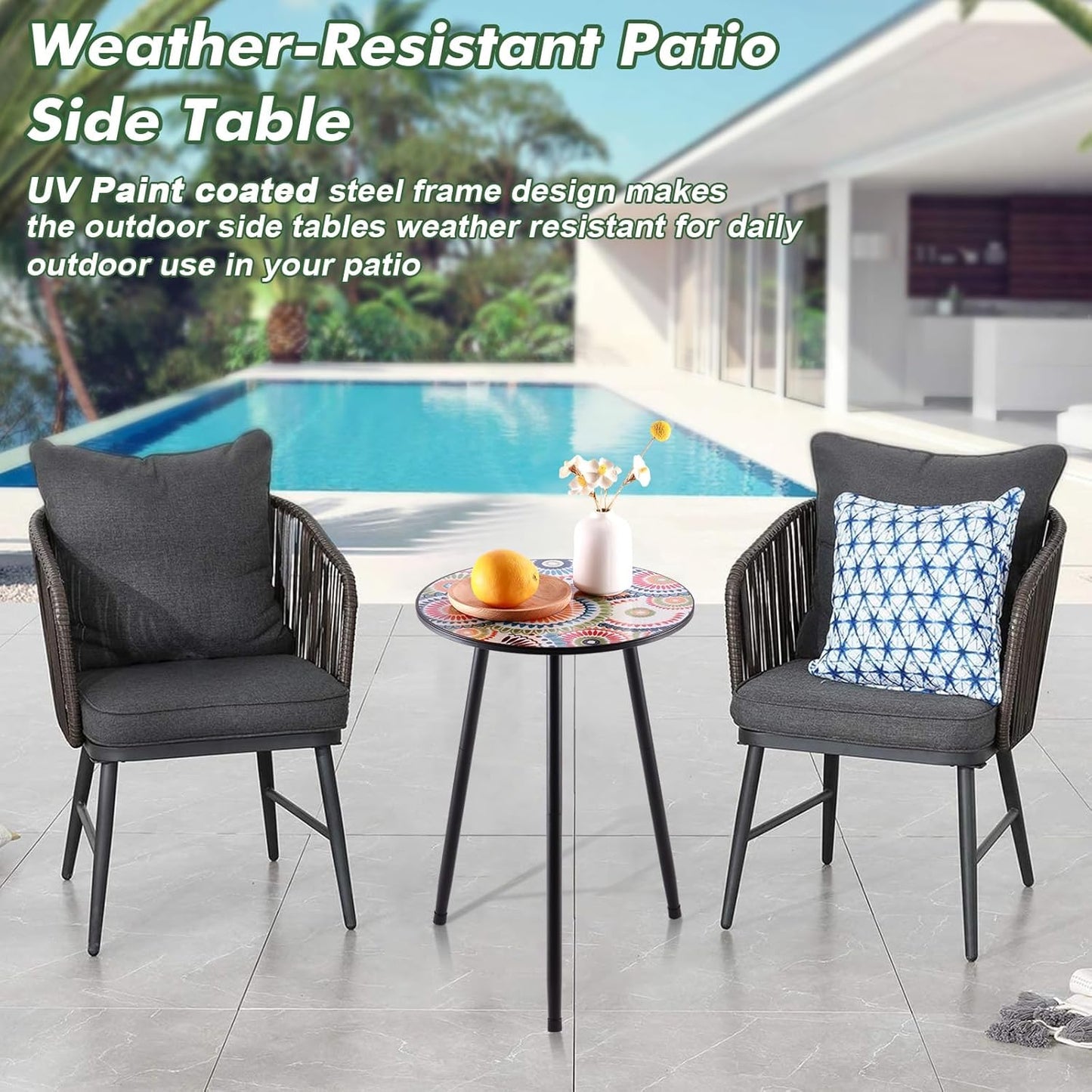 Party Zealot Metal Mosaic Round Side Table Set of Two 13.4" Small Outdoor Patio Round Accent Coffee Tables Indoor Corner Stand for Small Space Weather-Resistant for Balcony Plant Stand