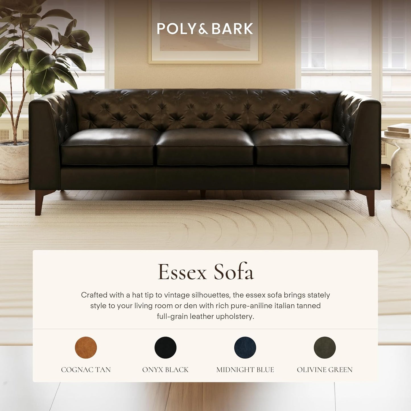 Poly & Bark Essex Leather Couch - 89-Inch Sofa with Tufted Back - Full-Grain Leather Sofa for Living Room with Feather-Down Topper - Living Room Couch - Vintage Italian Leather in Onyx Black